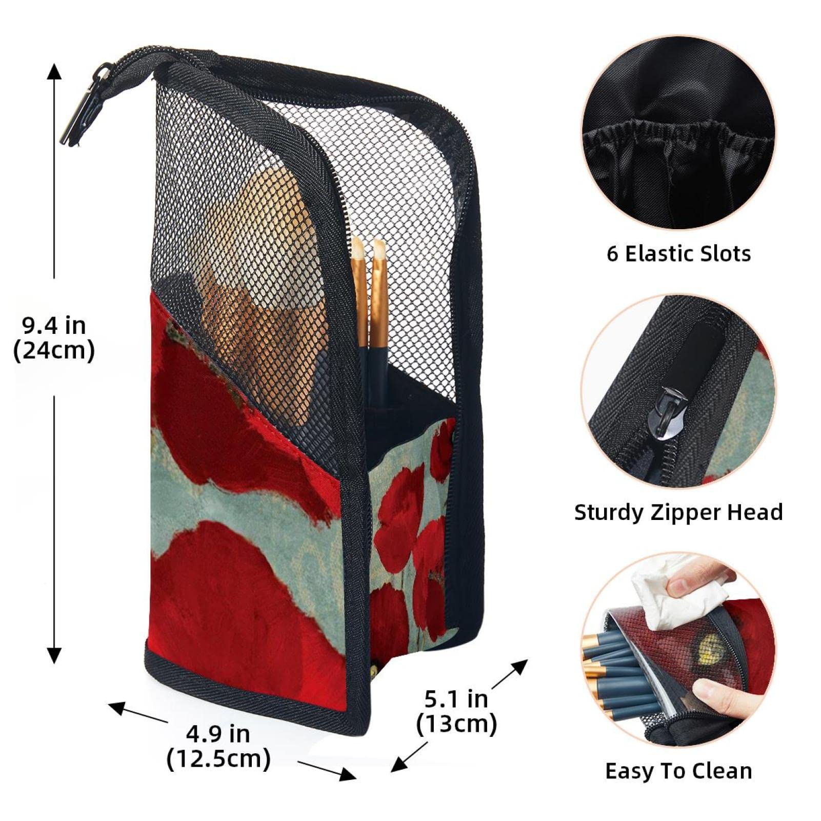 12-Piece Makeup Brush Organizer Bag with Red Spring Poppy Flower Design - Portable Makeup Brush Holder Case for Travel & Home Storage