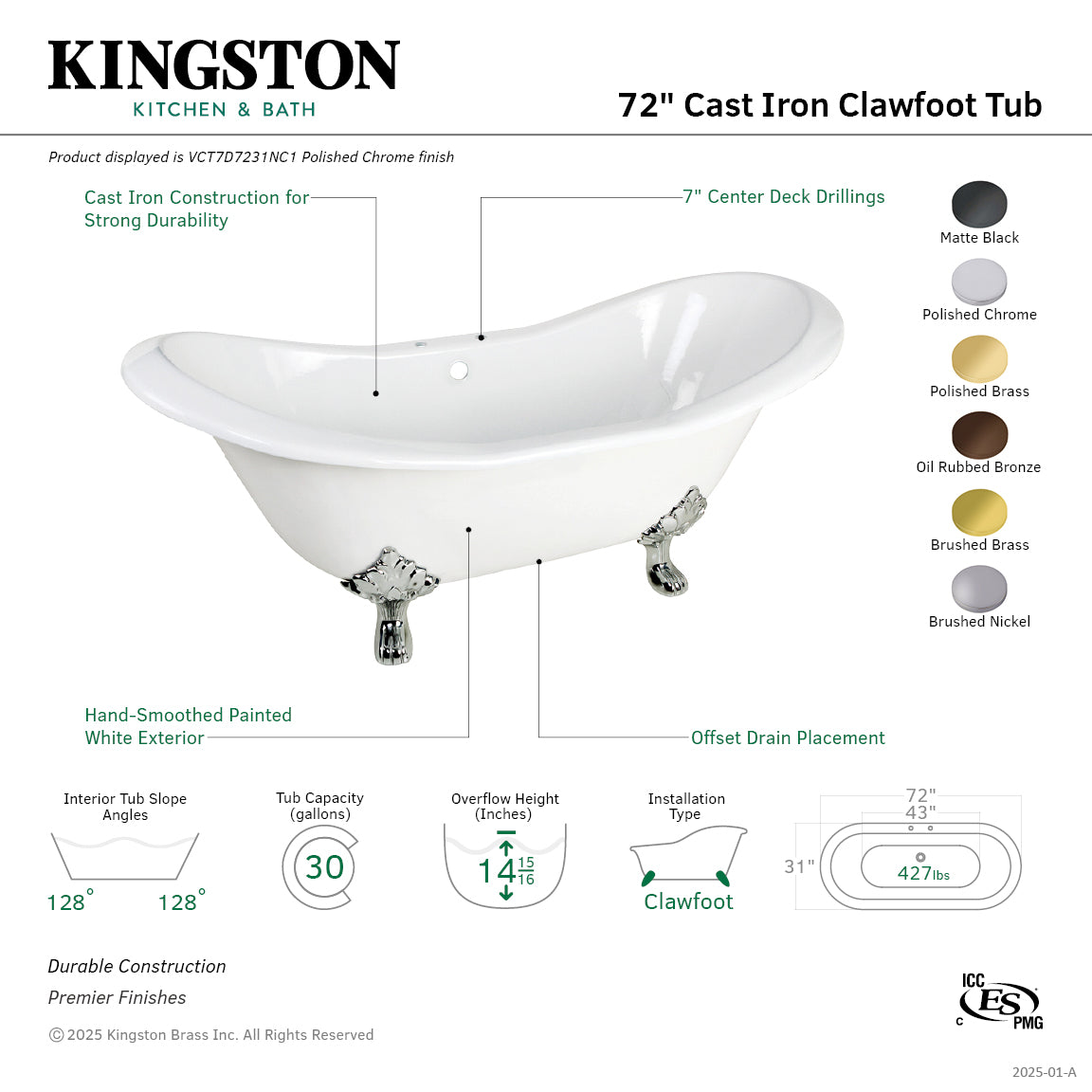 72 Inch White Oval Cast Iron Clawfoot Tub with Polished Brass Feet - Double Slipper Design (7