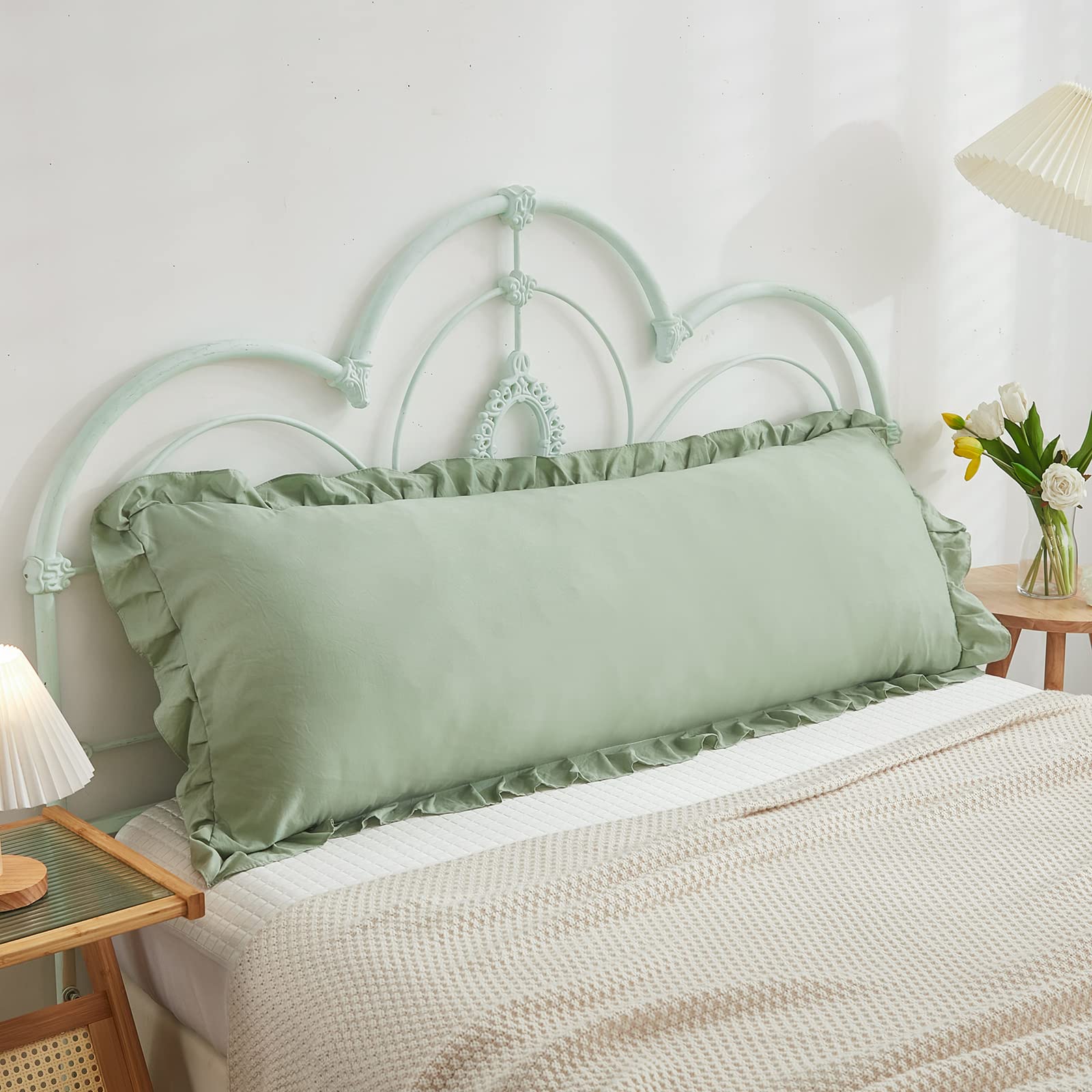 Sage Green Body Pillow Cover 20x54 Inches - Long Ruffled Pillowcase with Fringe, Shabby Chic Decor for Bedroom & Living Room - Soft & Cute Pillow Sham (1 Piece, Sea Green) - Perfect for Home Decor, Cozy Reading Nook, and Nursery Accent