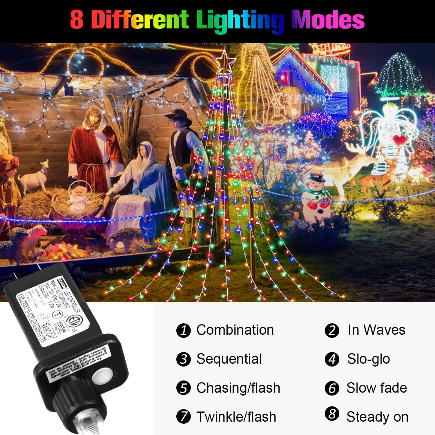 317 LED 11.5ft Waterfall Christmas Tree Lights - Outdoor/Indoor Star String Lights with 8 Lighting Modes & Timer | Perfect for Yard Decorations, Holiday Parties, and Festive Home Decor
