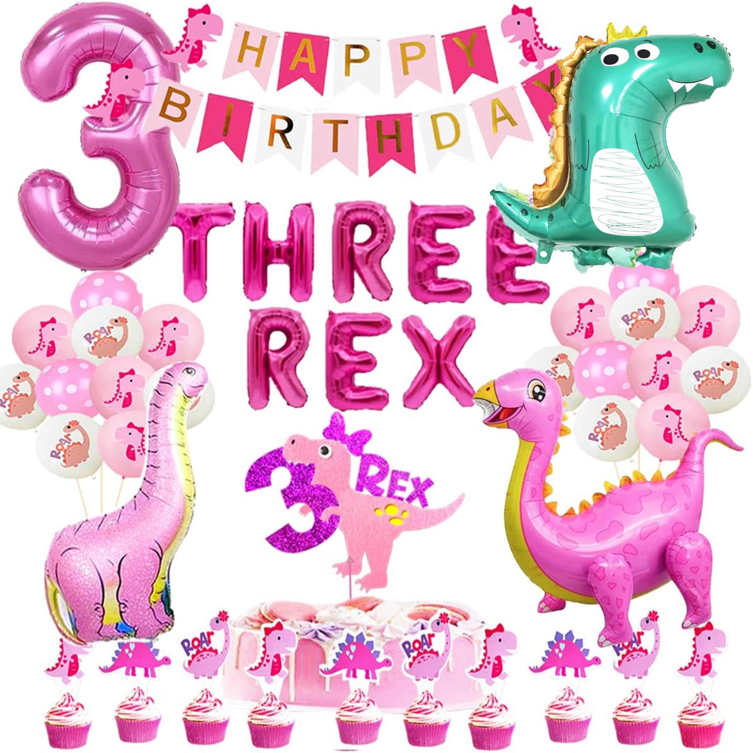 Pink Dinosaur Party Supplies for Girls - Dino-Rex Birthday Decorations, Dinosaur Theme 3rd Birthday Party Decor, Perfect for Baby Girl's Dinosaur-Themed Celebration