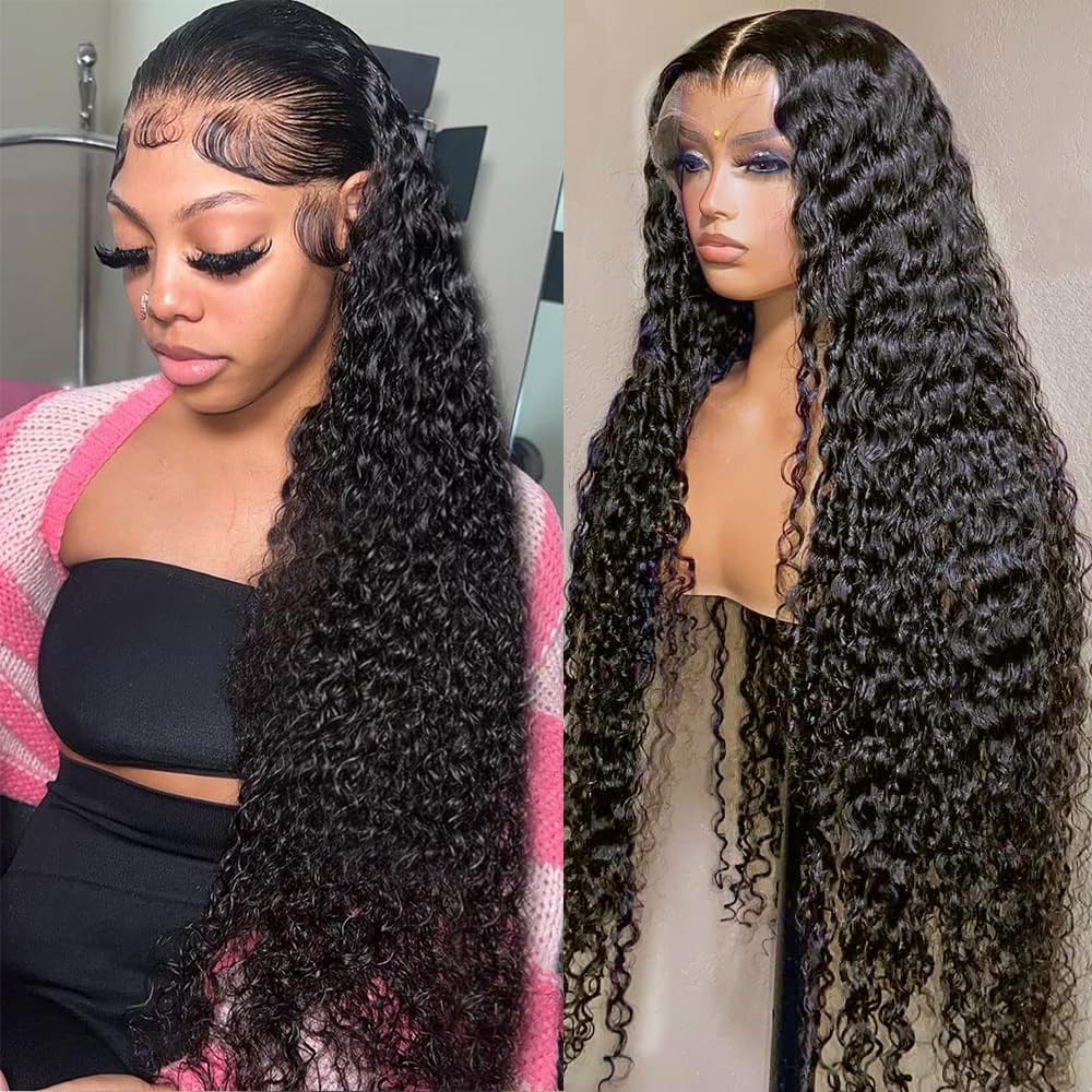 30 Inch Water Wave Lace Front Wigs Human Hair - Pre Plucked 13x4 HD Transparent Lace - 180% Density Deep Curly Glueless Wig for Women - Natural Black Human Hair Wig for Daily Wear, Parties & Cosplay