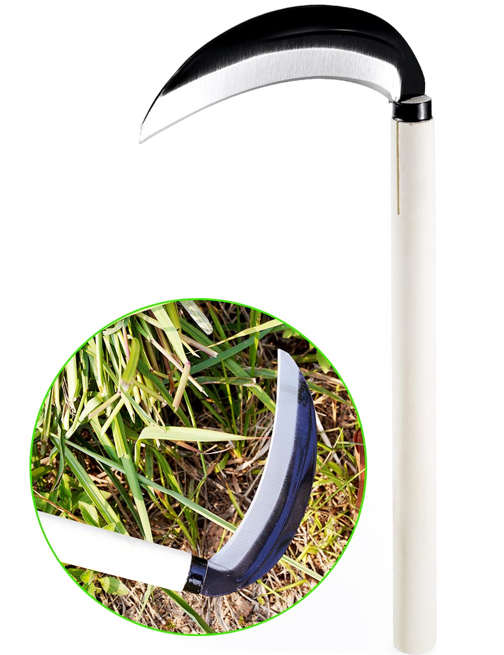TOYPOPOR 15'' Carbon Steel Japanese Grass Sickle - Heavy Duty Gardening Hand Tool for Weeding, Farming & Lawn Care - Sharp Scythe Blade Cutter for Efficient Manual Mowing & Quick Yard Work - Perfect for Garden Maintenance, Landscaping & Weed Removal
