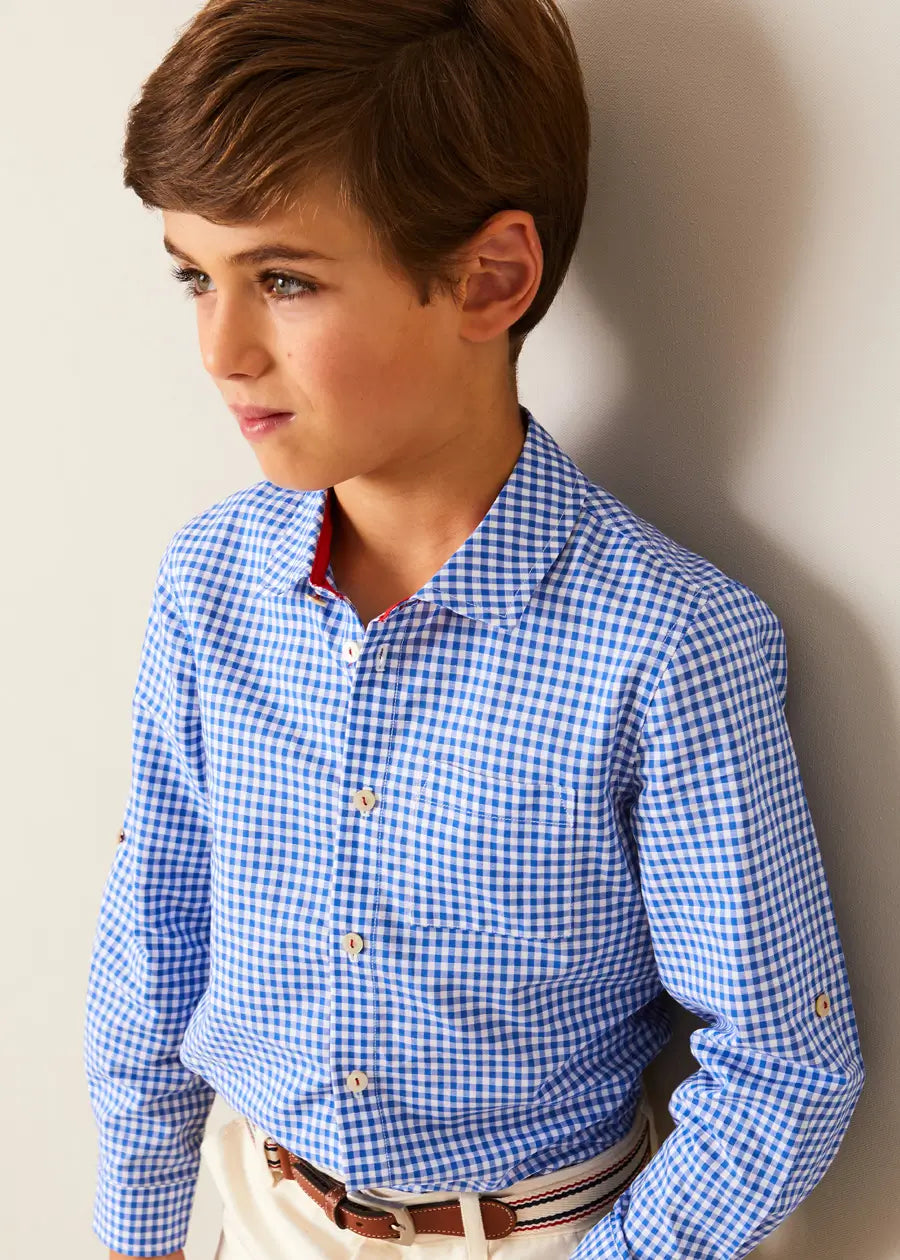 Carlisle Gingham Polo Collar Long Sleeve Shirt for Boys & Girls (Ages 4-10) - Blue Checkered Cotton Top for School, Playdates & Casual Outings