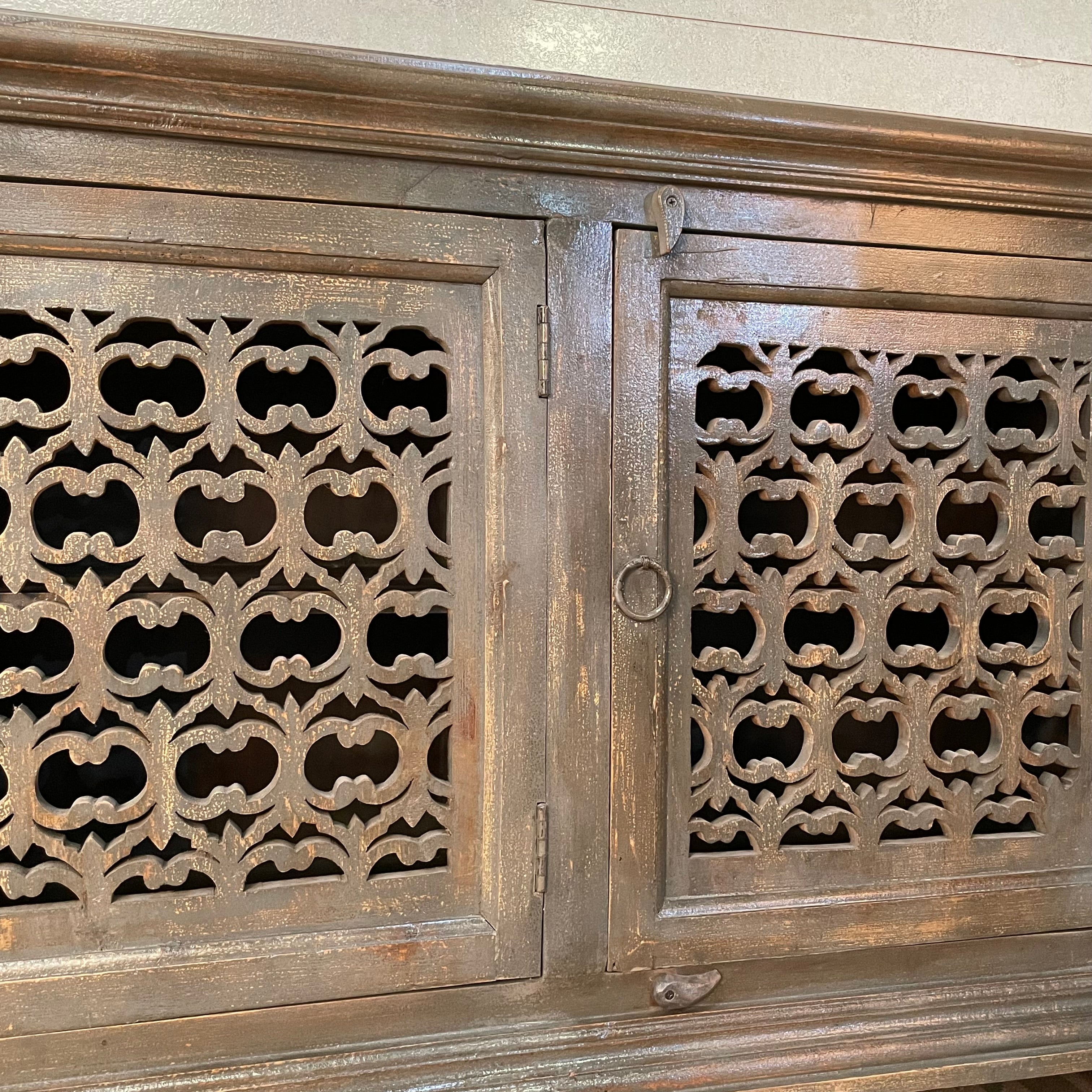 Handmade Solid Wood Carved Indian Sideboard with Jali Doors - Grey Finish, 72.4