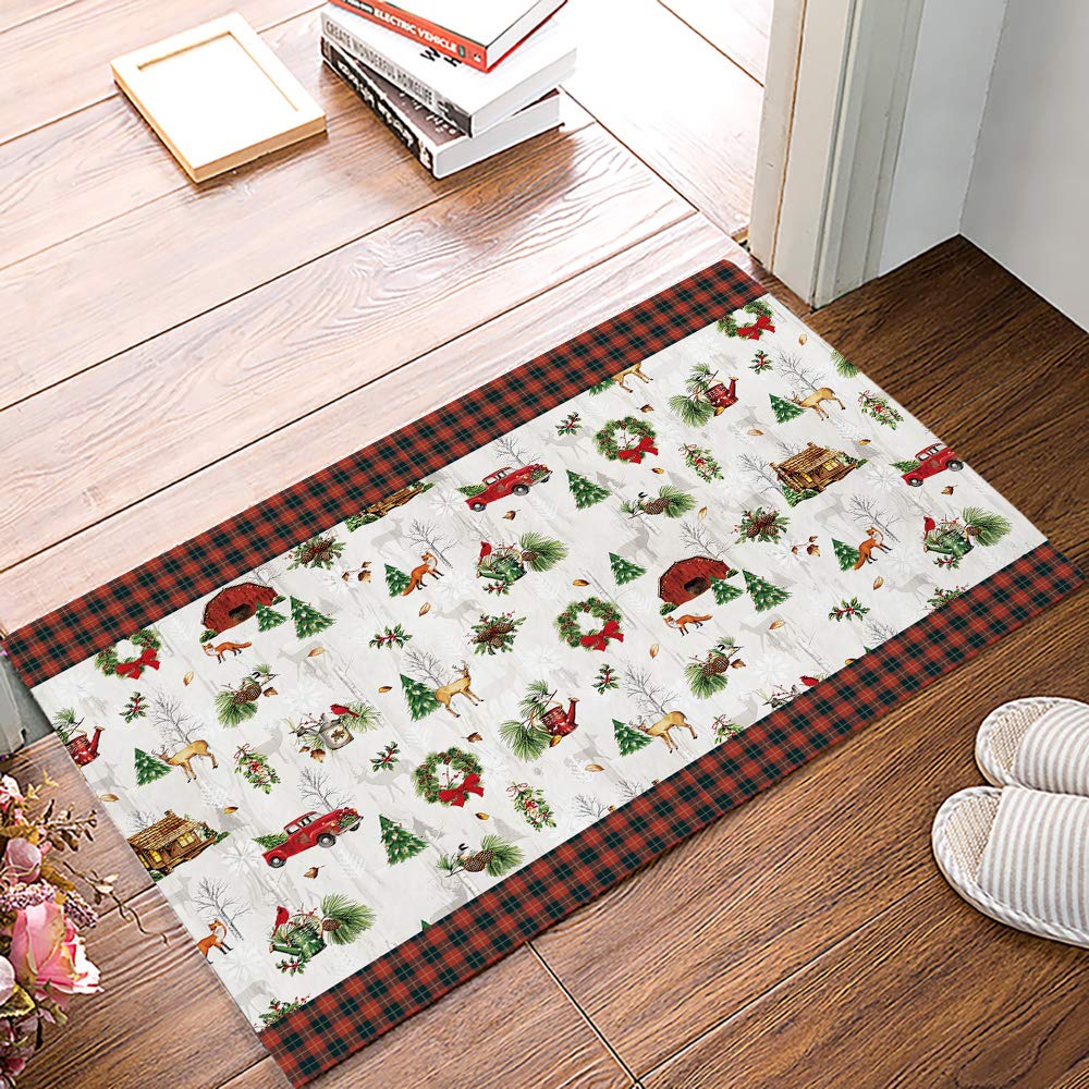 Non-Slip Christmas Doormat with Red Check Truck & Elk Design - Absorbent Indoor Front Door Mat for Xmas Decor, Barn House, Pet Friendly - Machine Washable Rubber Backing Floor Mat for Holiday Entrance Decorations