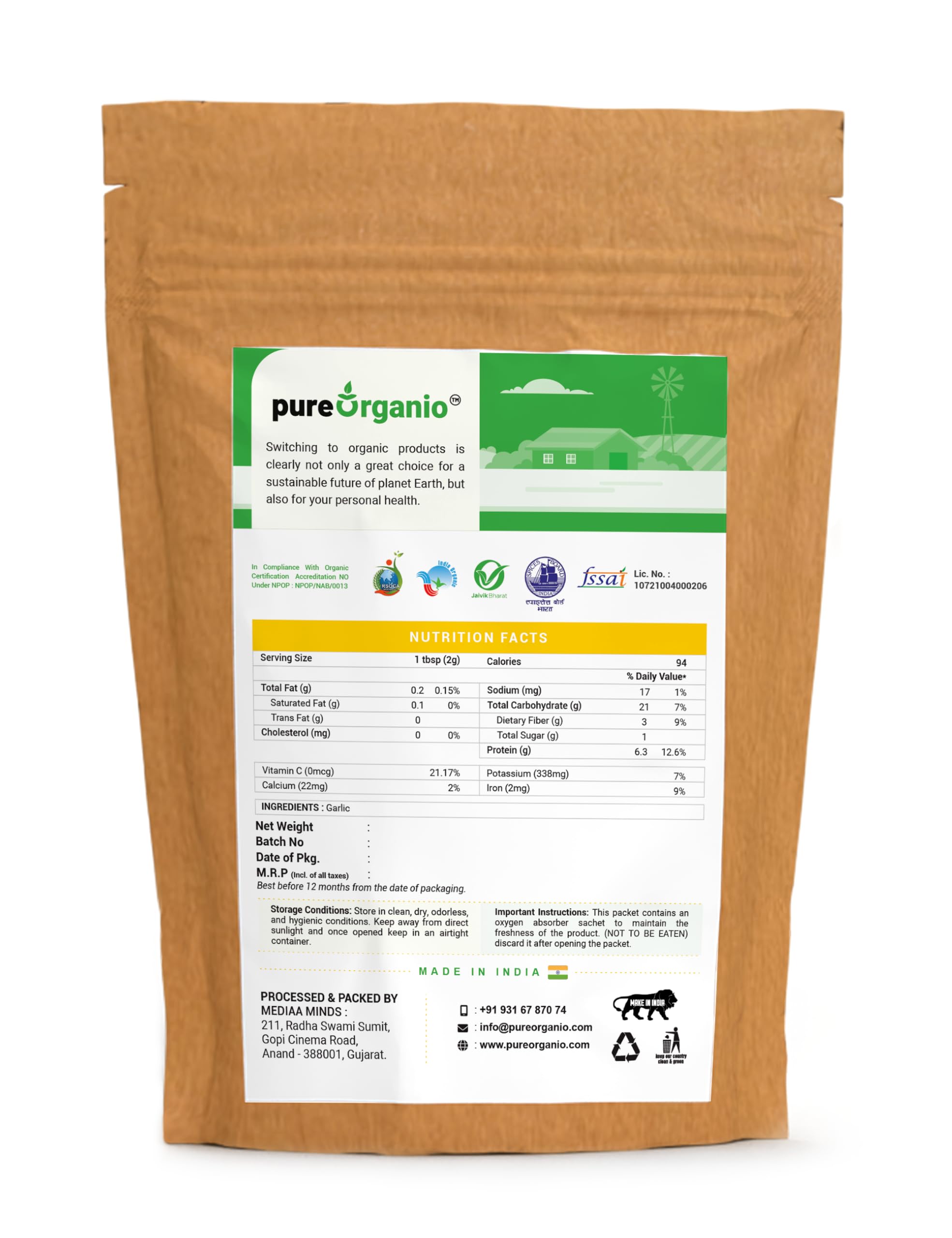 Organic Garlic Powder - NPOP Certified, Pure & Natural, 350g | Indian Origin | Perfect for Cooking, Seasoning & Health Benefits
