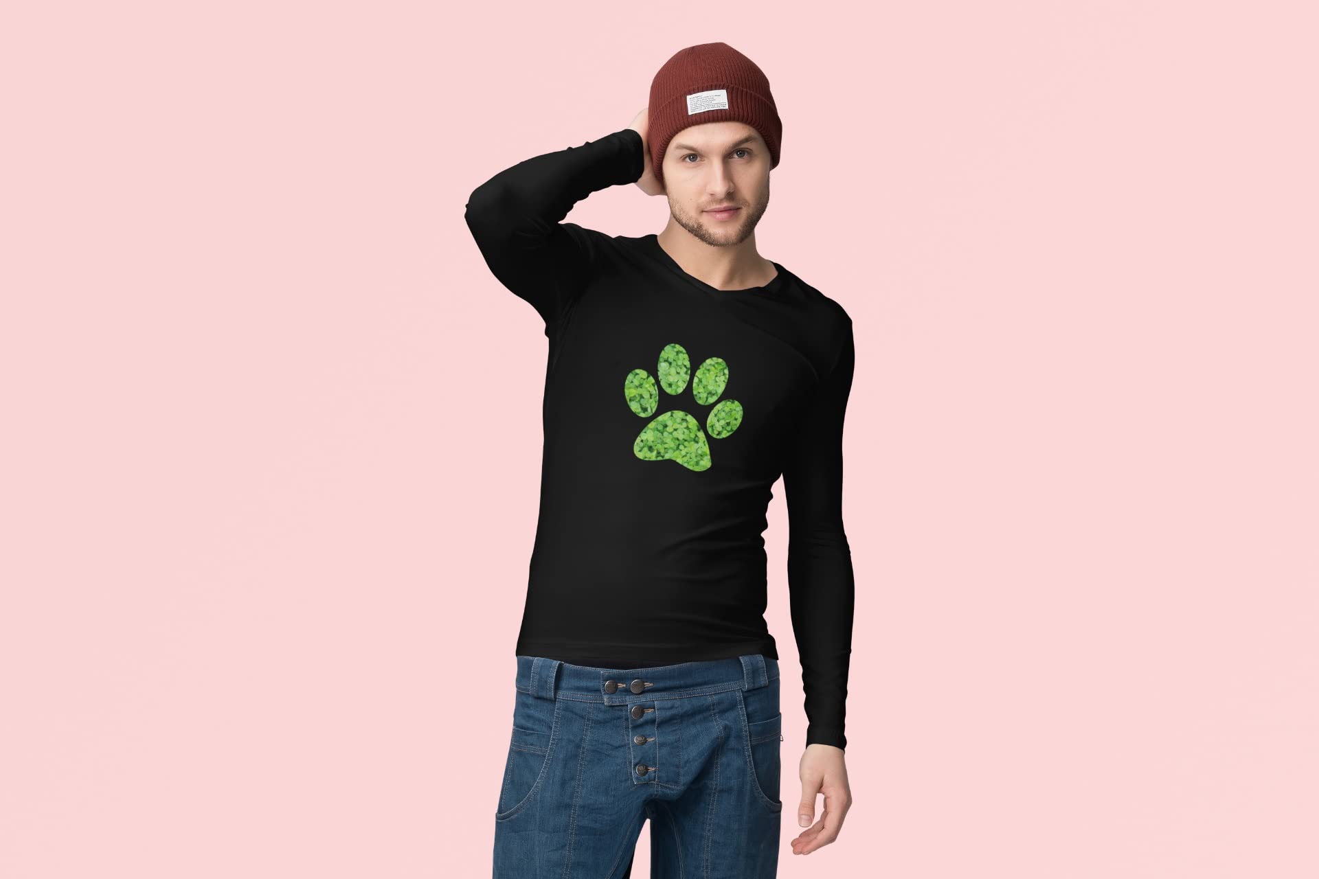St. Patrick's Day Dog Paw Print Black Long Sleeve T-Shirt for Adults - Perfect for Irish Themed Parties & Pet Lovers