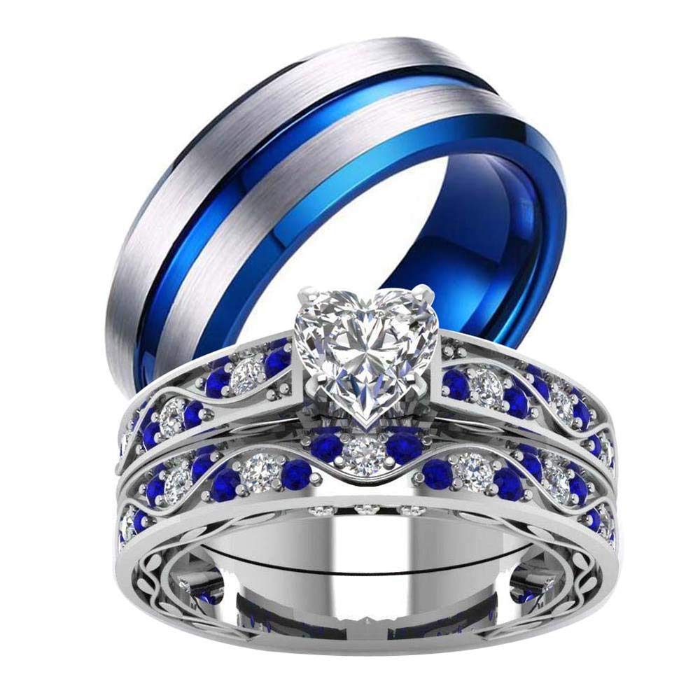 His and Hers Wedding Ring Sets - 925 Sterling Silver & Tungsten Carbide Couples Bands with Heart CZ, Brushed Finish - Perfect for Engagements, Anniversaries, and Romantic Gift Giving