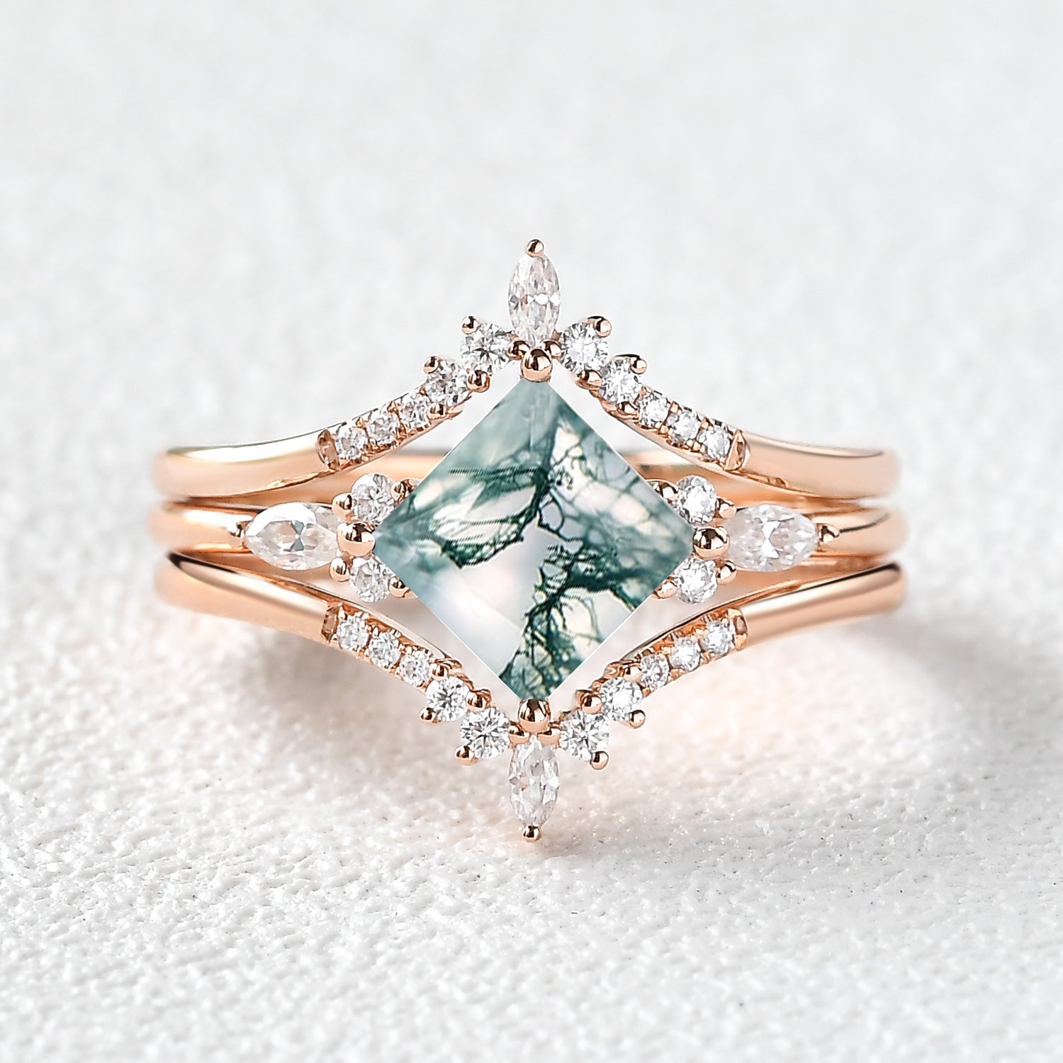 14K Gold Moss Agate Princess Cut Cluster Engagement Ring Set - 3 Piece Wedding Band for Women, Perfect for Proposals, Anniversaries & Bridal Jewelry