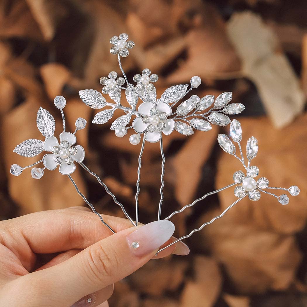 **IYOU Silver Flower Bridal Hair Pins – Crystal Wedding Hair Accessories for Women (Pack of 3) – Perfect for Weddings, Prom, Communion & Special Occasions**