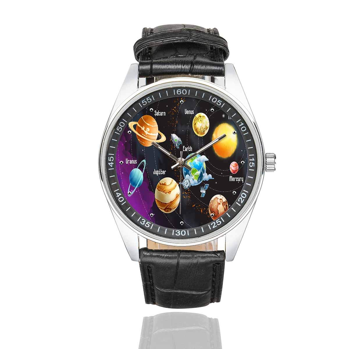 Solar System Planets Men's Watch - Black Leather Strap for Astronomy Lovers