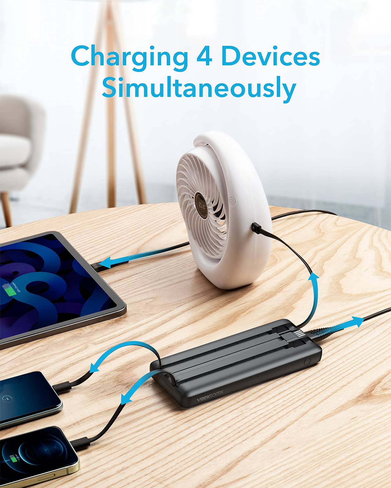VEEKTOMX 10000mAh Ultra Slim Portable Charger with Built-in Cables - 5 Outputs LED Display Power Bank for iPhone, iPad, Samsung & Smartphones - Perfect for Travel, Camping & Emergency Power Backup