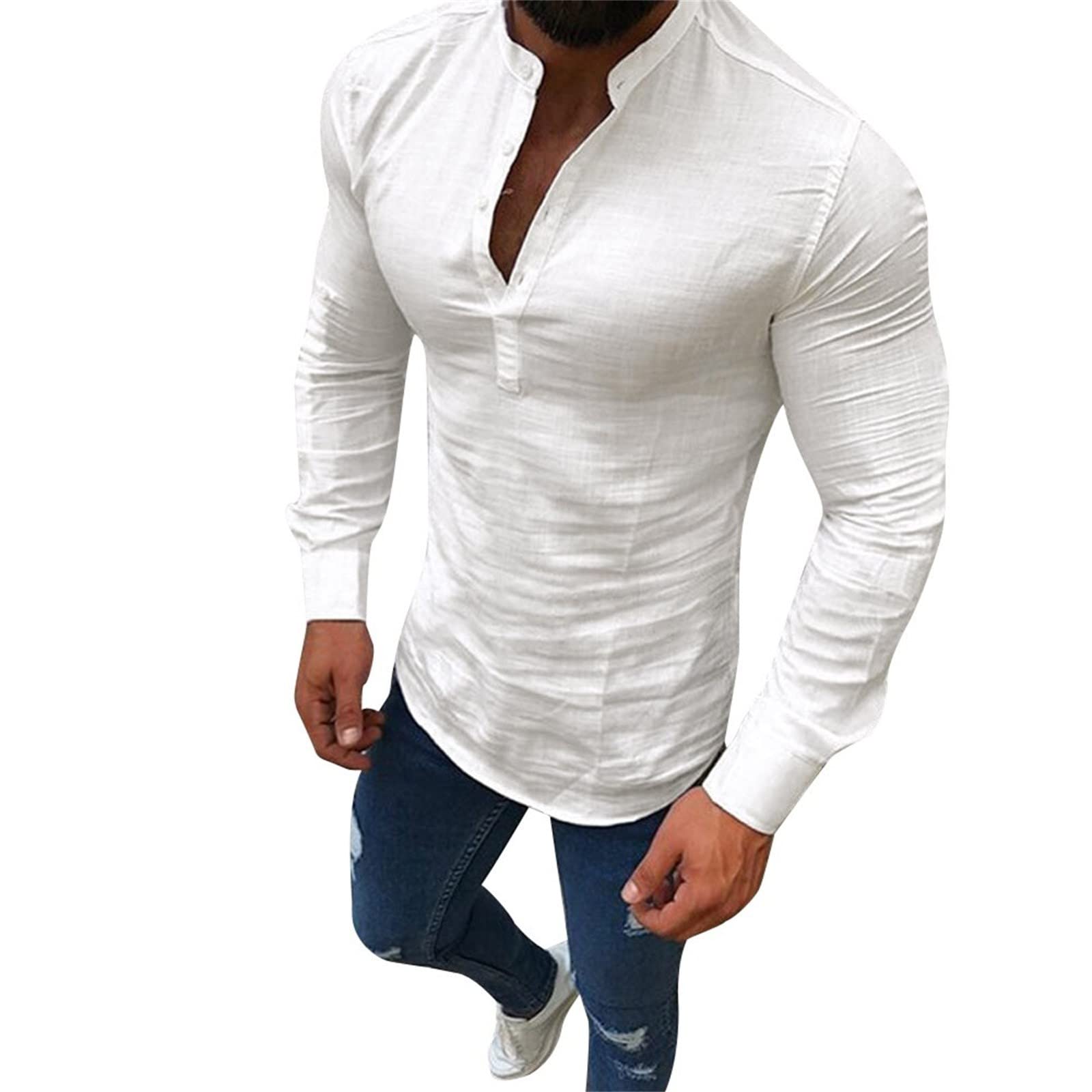AMZFDC Men's Linen Long Sleeve Button-Up Shirt - V-Neck Casual & Business Formal Shirt for Tall Men, Breathable Summer Office Wear (White, XL) - Perfect for Work, Dates & Outdoor Events