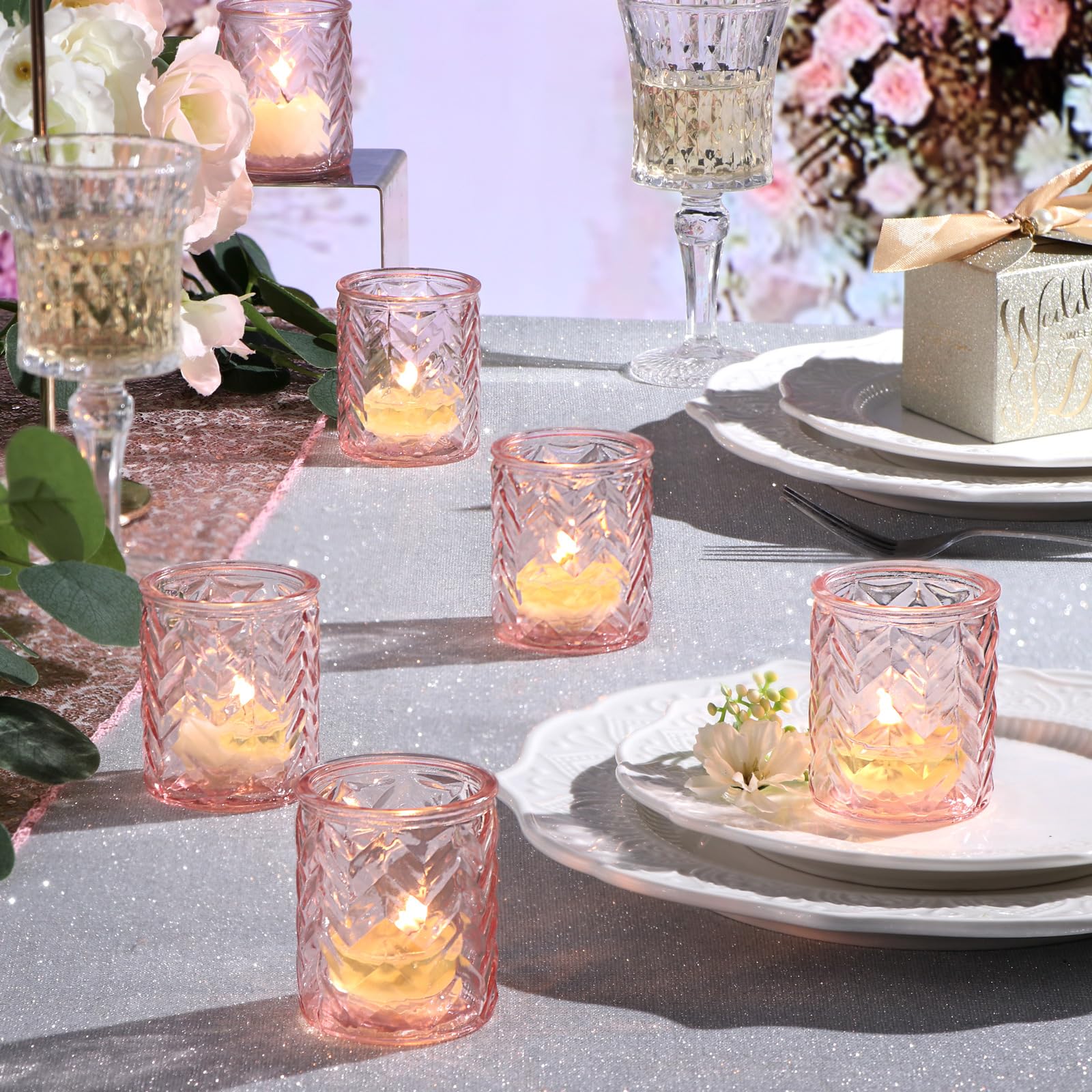 12 Pack Pink Glass Candle Holders - Elegant Votive Tealight Holders for Wedding, Baby Shower & Mother's Day Decor - Romantic Table Centerpiece for Home, Party & Special Occasions