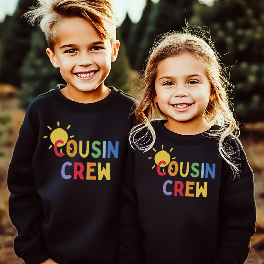 Cousin Crew Matching Black Sun Print Sweatshirts for Family Outfits & Group Events - Perfect for Family Reunions, Vacations, and Photo Shoots