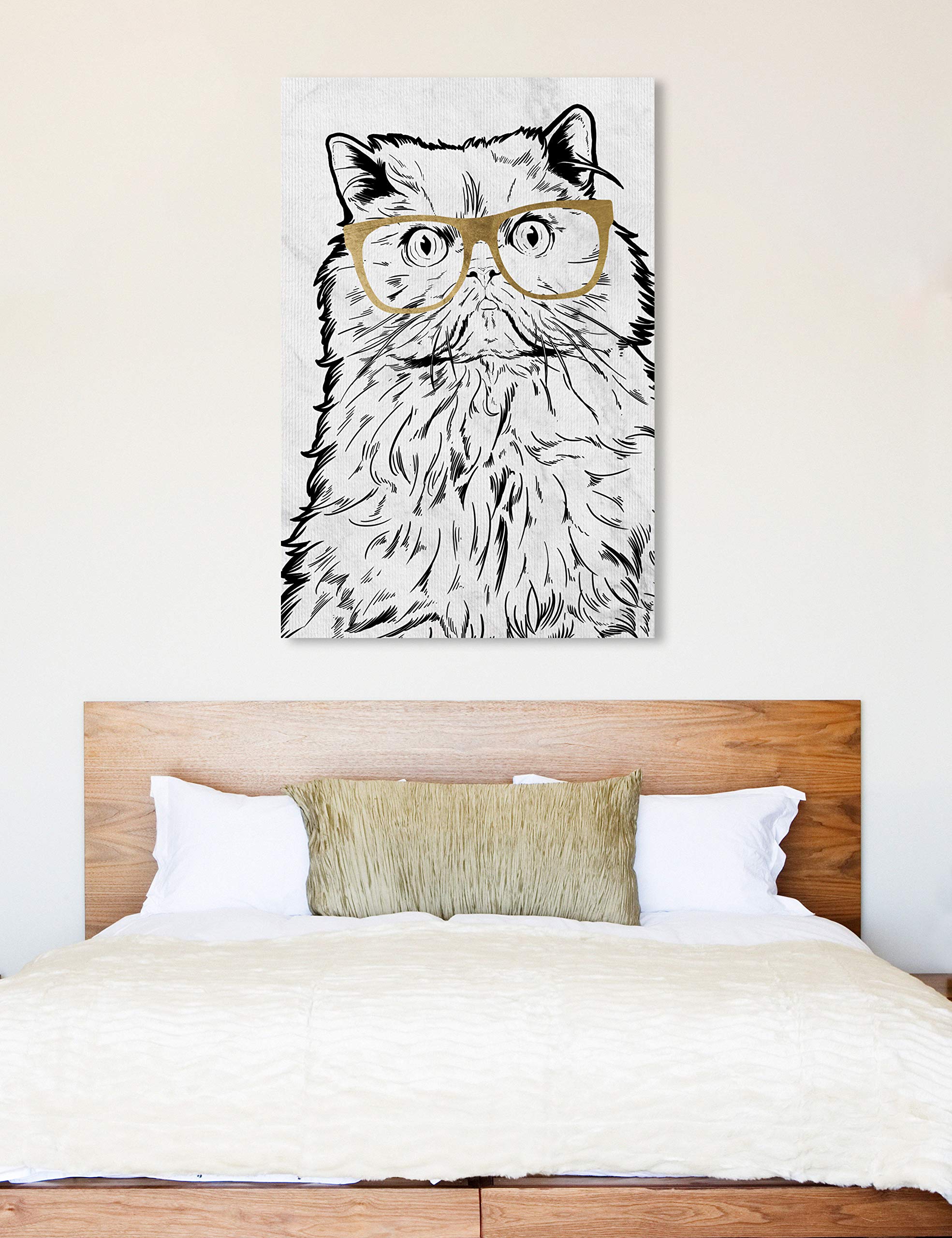 Cat with Gold Glasses Wall Art Canvas Print - 36x54 Inches Black & White Animal Painting - Perfect for Living Room, Bedroom or Office Decor