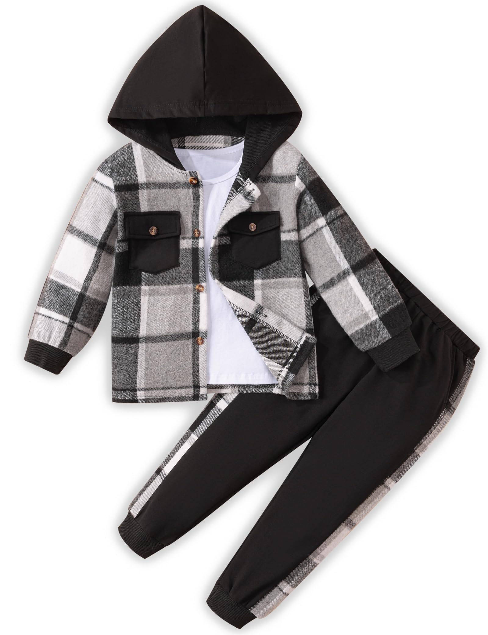 Boys' Winter Outfit Set - Plaid Hooded Shirt, White T-Shirt & Solid Pants (3-Piece) | Toddler Clothes for Cold Weather Playdates & Outdoor Activities
