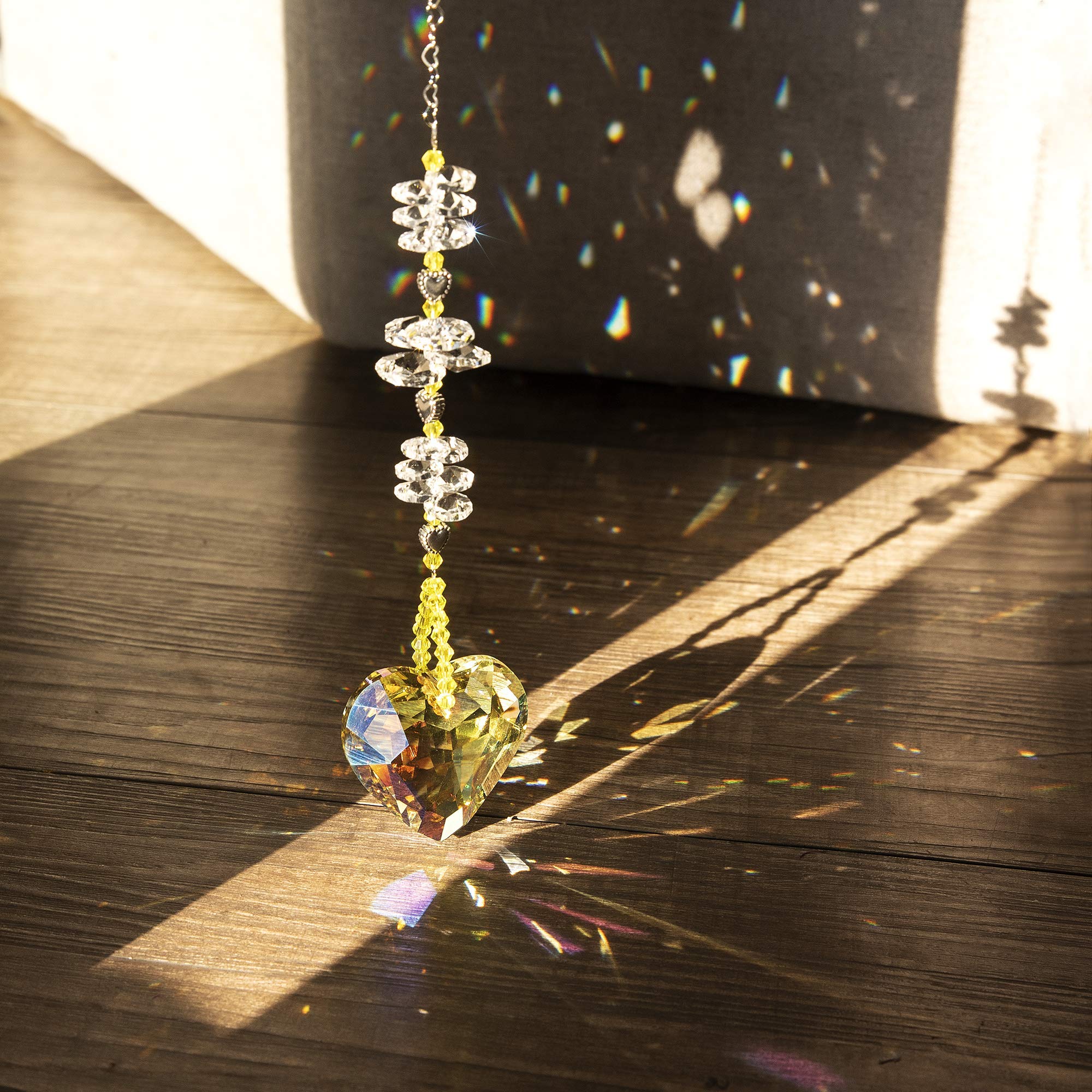 45mm Yellow Heart Crystal Suncatcher - Handmade Rainbow Maker Prism for Windows, Outdoor & Indoor Hanging Decor - Perfect for Home, Garden, Nursery & Meditation Spaces