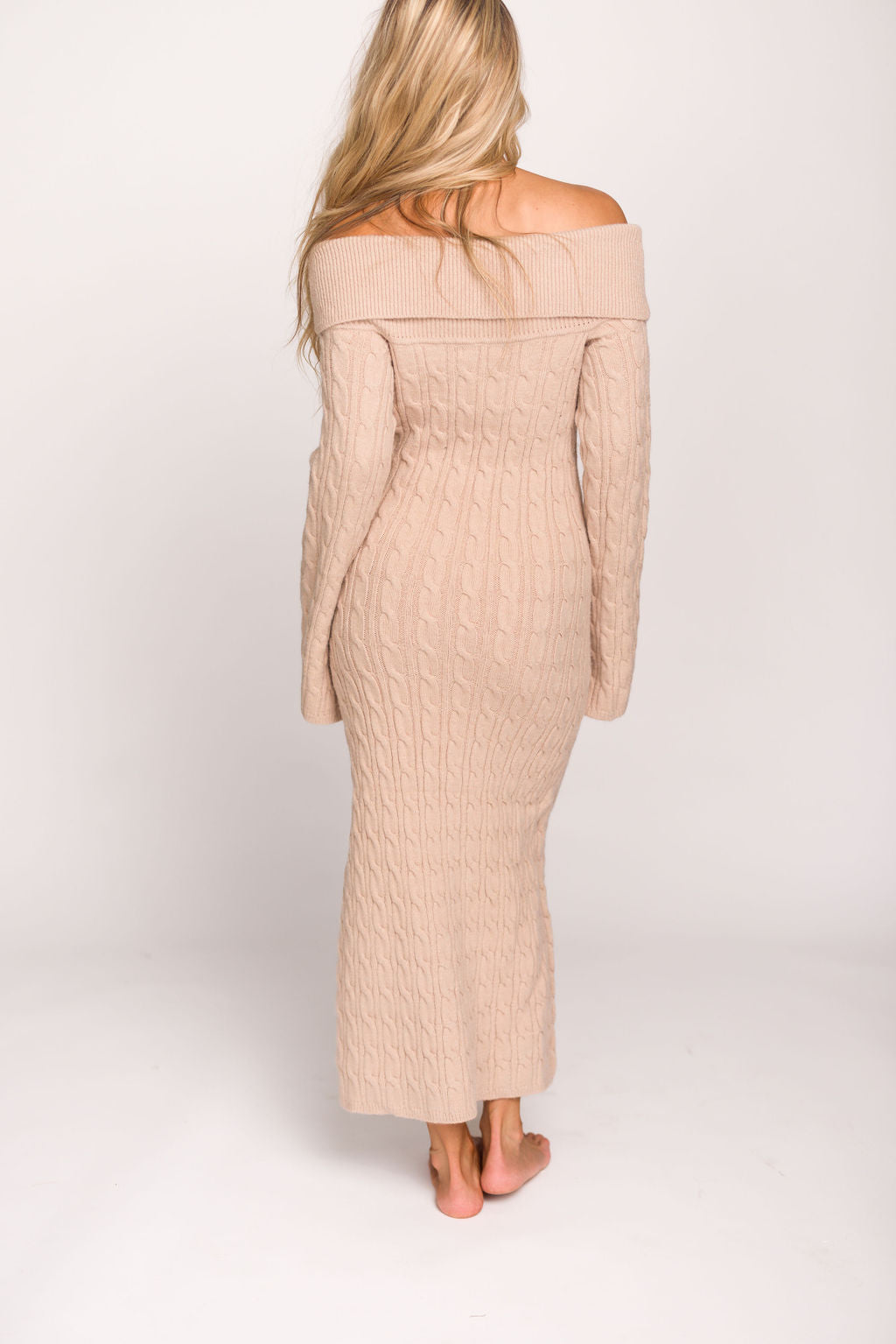Carley Off the Shoulder Cable Knit Maxi Dress in Oatmeal - Elegant Long Sleeve Boho Sweater Dress for Women | Perfect for Fall, Winter, Date Nights & Holiday Parties