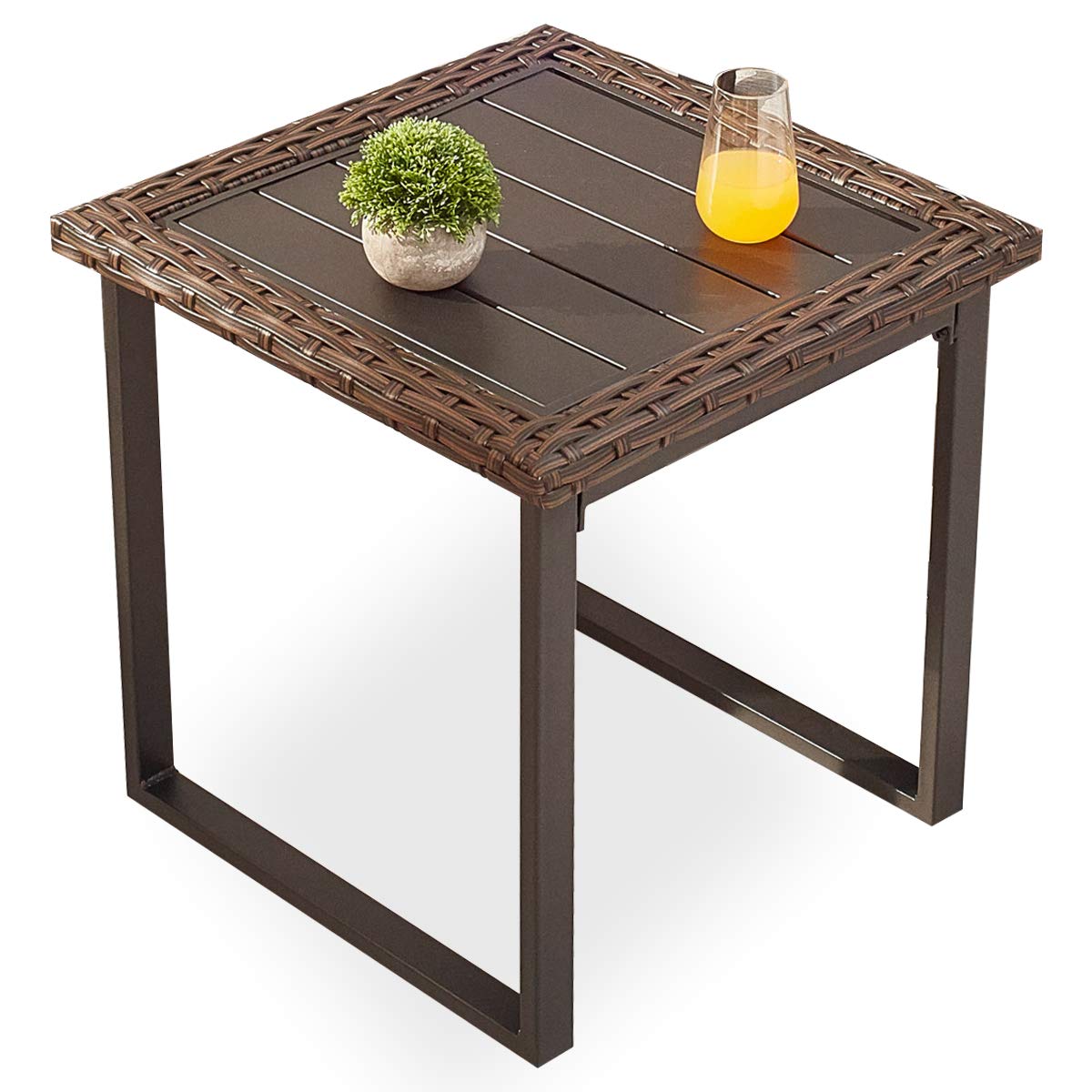All-Weather Metal Rattan Coffee Table - Outdoor Patio Side Table with Steel Frame | Perfect for Garden, Balcony & Poolside Decor