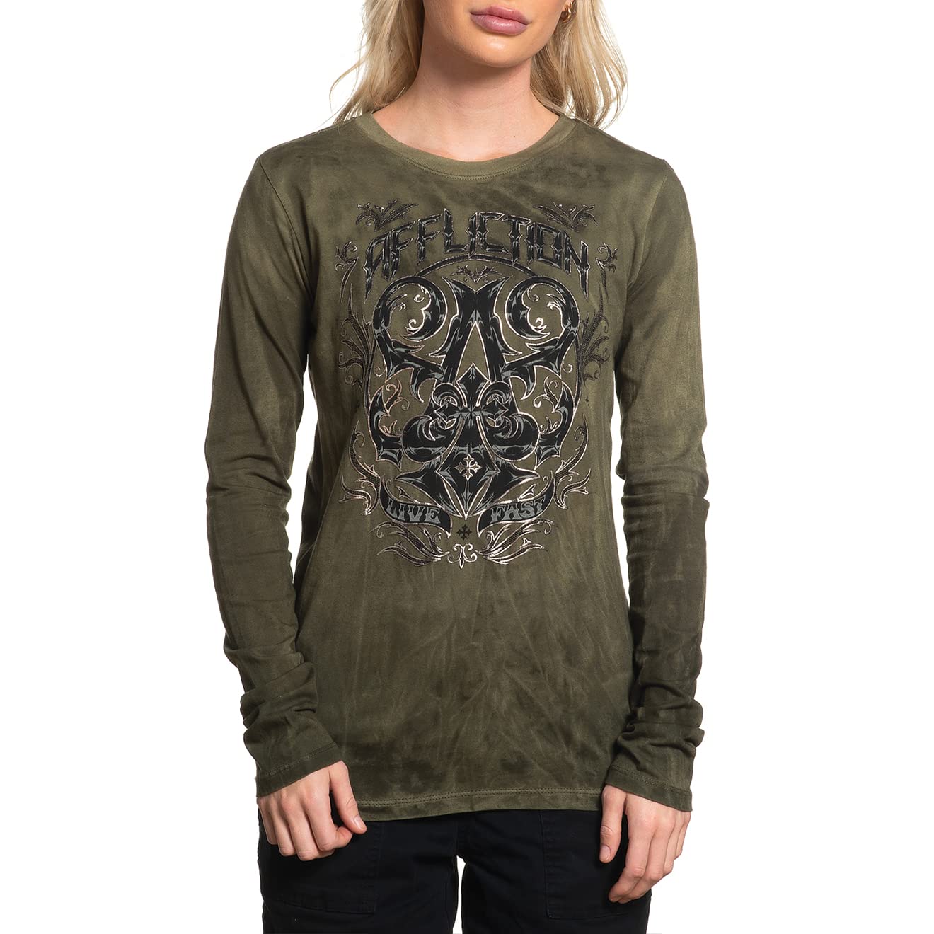 Affliction Women's Long Sleeve T-Shirt with Angel Wing & Cross Design - Gothic Fashion, Casual Wear, and Concert Outfits