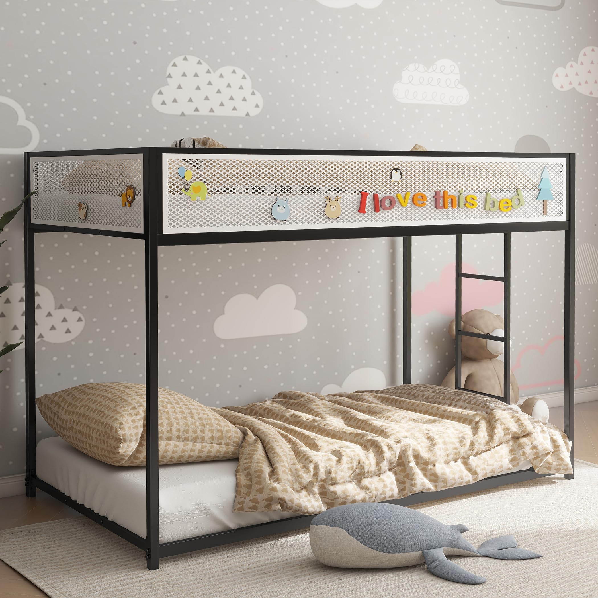 LifeSky Twin Over Twin Metal Bunk Bed for Kids - Space Saving Low Profile Bunk Bed with Ladder for Boys & Girls Aged 6-12 - Perfect for Small Bedrooms, Shared Rooms & Kids' Sleepovers