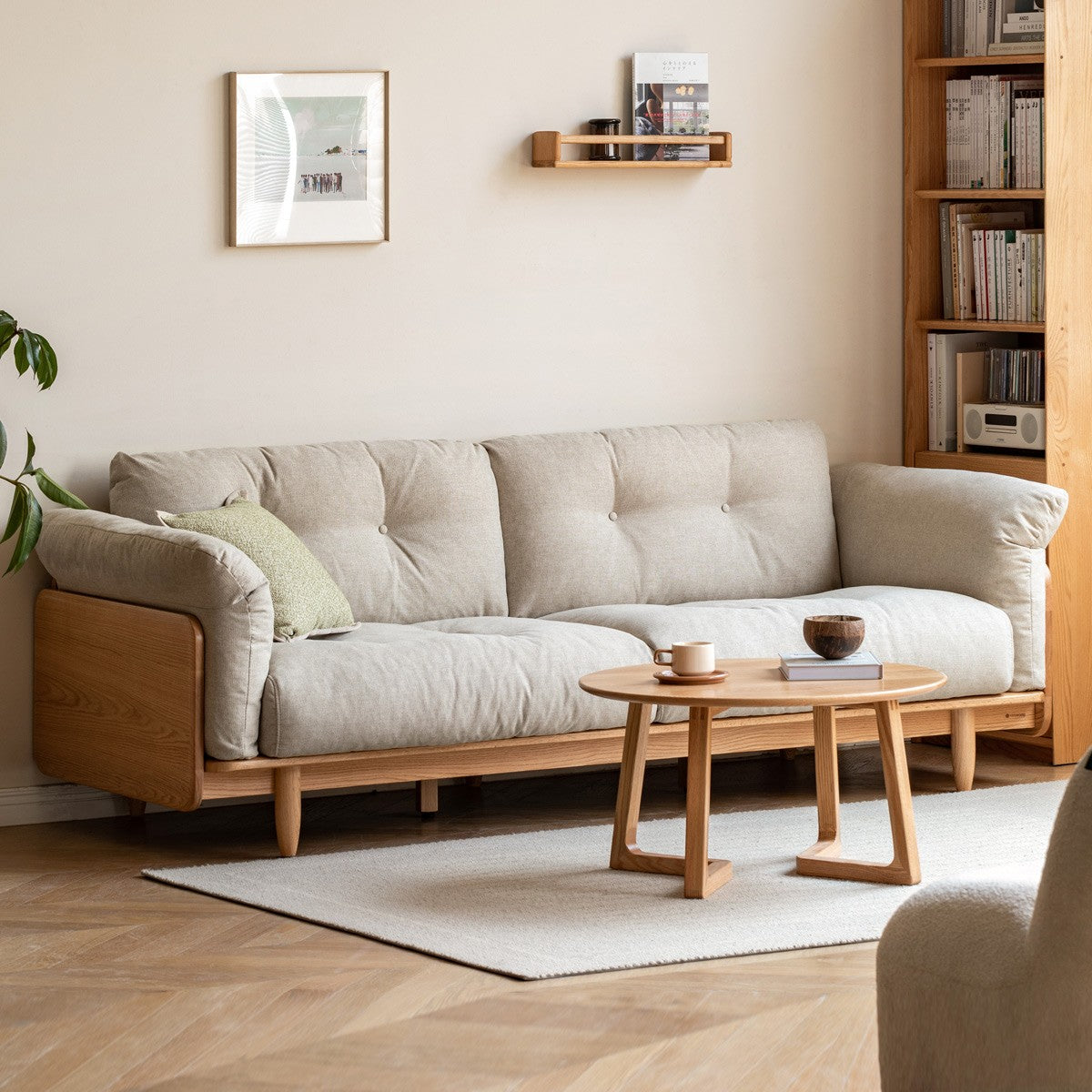 Premium Oak Solid Wood Genuine Leather Fabric Sofa - Modern Living Room Furniture for Home & Office - Comfortable Seating for Relaxation & Entertainment