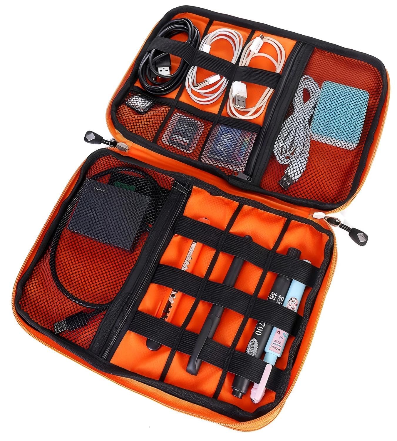 Universal Double Layer Travel Electronics Organizer Case - Portable Cable Management Bag with Carrying Strap for Phone Chargers & Accessories (Grey/Orange) - Perfect for Business Trips, Vacations & Daily Commute