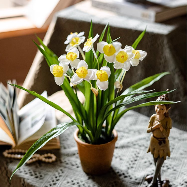 Artificial Daffodil Flower in Brown Pot - Home Decor, Office Desk Decor, Spring Table Centerpiece for Living Room, Kitchen, Dining Room