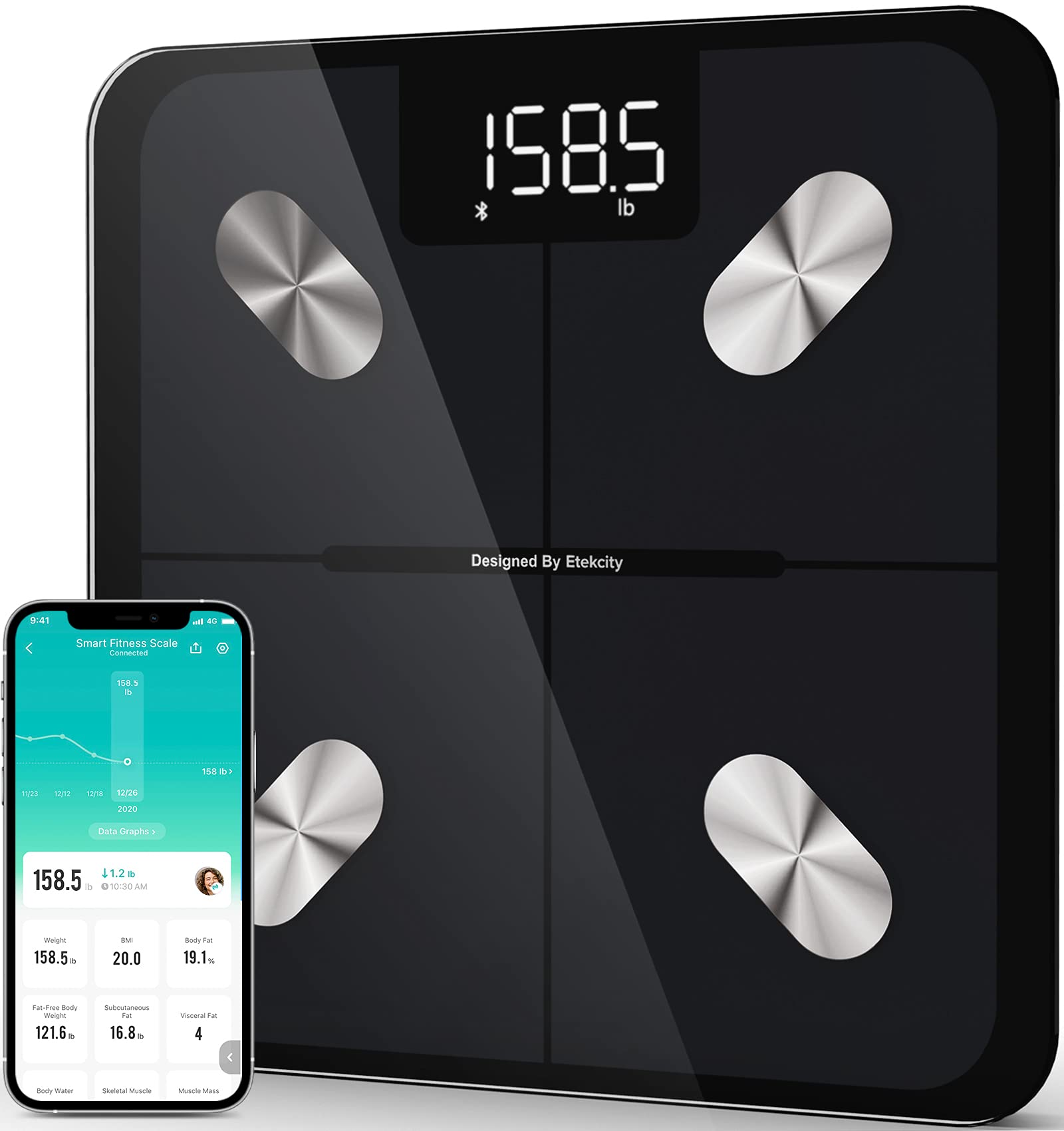 Etekcity Digital Smart Scale - Bluetooth Body Weight Analyzer & Food Kitchen Scale with 304 Stainless Steel | Track BMI, Fat & Muscle Mass | Perfect for Home Gym, Bathroom & Healthy Cooking
