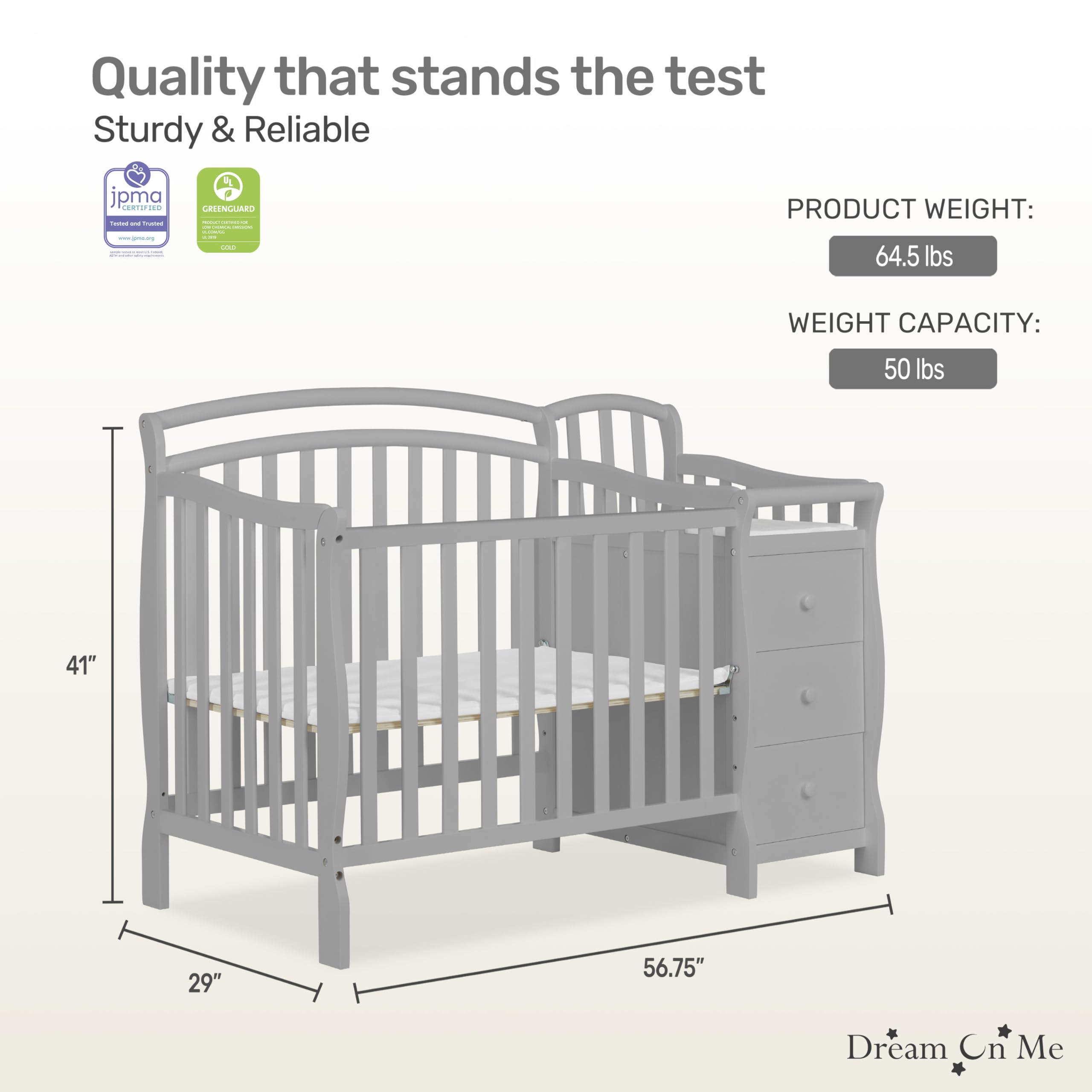 Dream On Me Casco 3-in-1 Convertible Mini Crib & Changing Table - Pebble Grey Pinewood Baby Crib with 3 Adjustable Mattress Heights | Nursery, Small Space & Travel Use