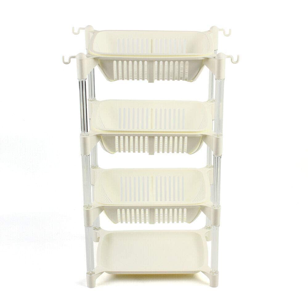 4-Tier White Detachable Kitchen Storage Rack - Free Standing Fruit & Vegetable Basket Organizer with Hooks - Durable PP Plastic Shelves for Living Room, Balcony & Pantry Organization