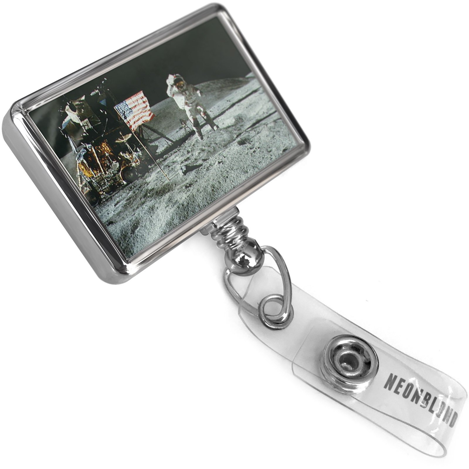 Retractable Plastic ID Badge Reel with NASA Moon Design & Bulldog Belt Clip Holder - Perfect for Office, School, Events & Security Personnel