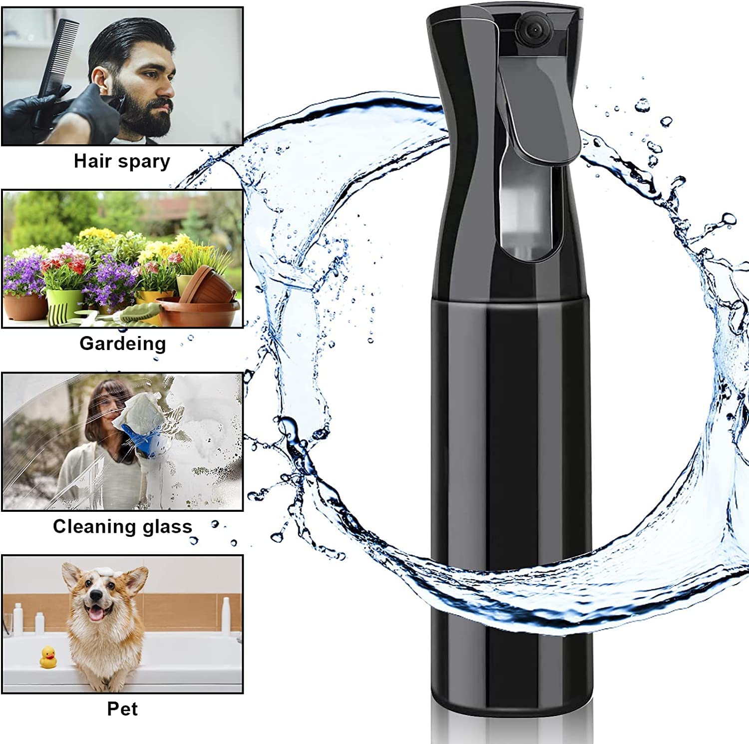 Nurven 10oz/300ml Empty Spray Bottle - Fine Mist Sprayer for Hair Styling, Plants, Cleaning & Skin Care | Continuous Water Spray Bottle for Salon, Gardening, Home & Travel (Black)