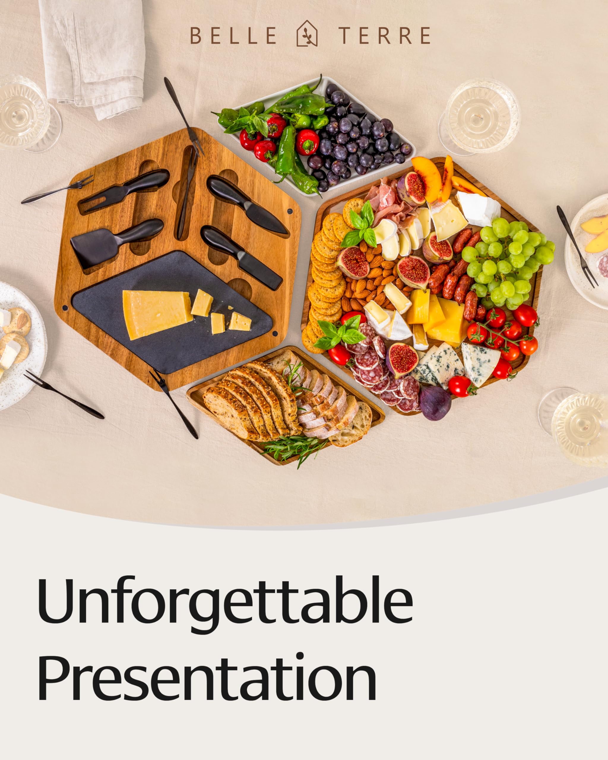 Premium Wooden Cheese Board Set - Charcuterie Serving Platter with Tray, Knives & Forks for Cheese, Crackers, Meats, Fruits & Olives - Perfect Gift for Entertaining, Parties, Wine Tastings & Holiday Gatherings - Elegant Serving Solution for Hosting & Home Decor