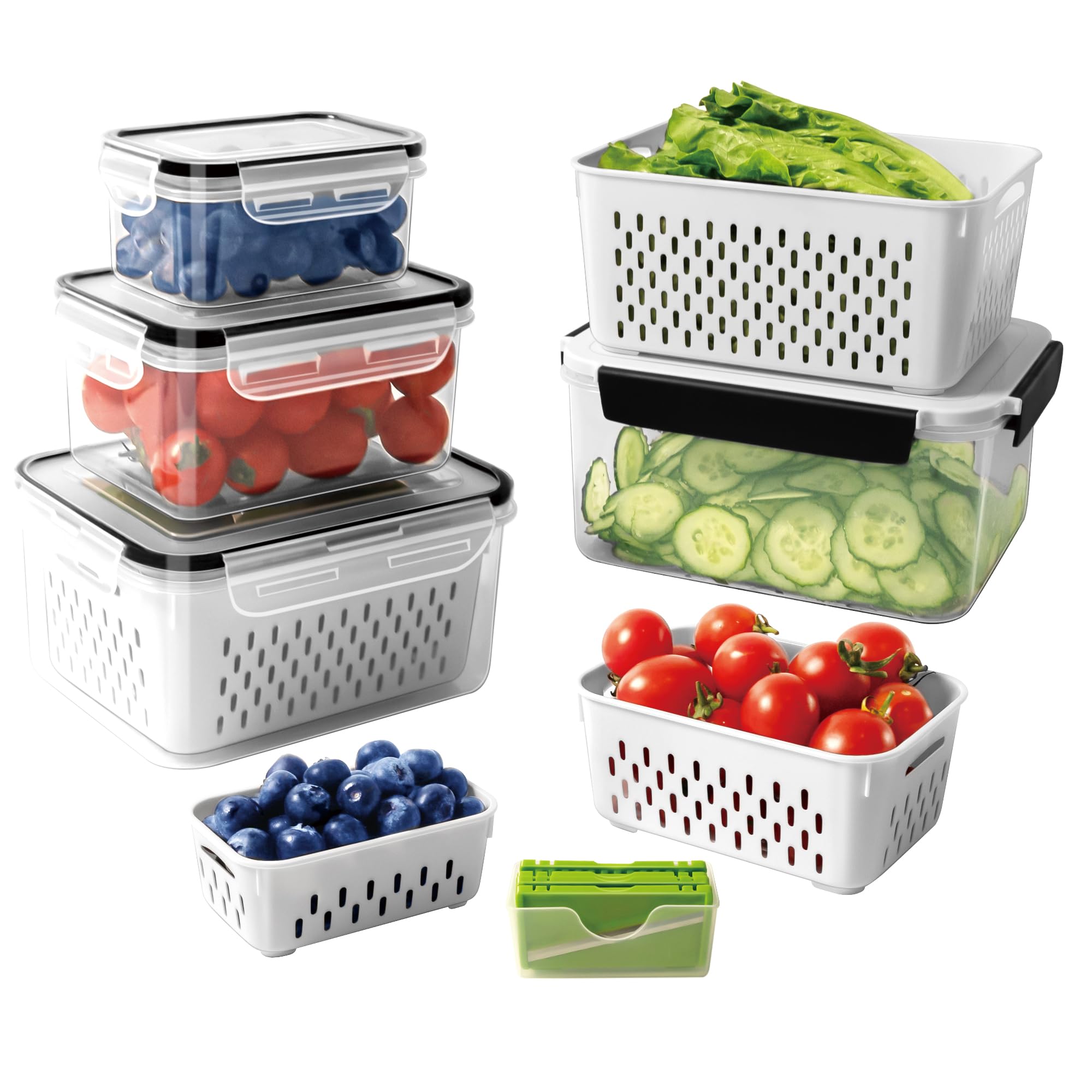 4-Piece Leakproof Food Storage Containers with Removable Colander & Chopper Set - Dishwasher & Microwave Safe Fridge Organizers for Fresh Fruits & Vegetables | Perfect for Meal Prep, Snack Storage & Kitchen Organization