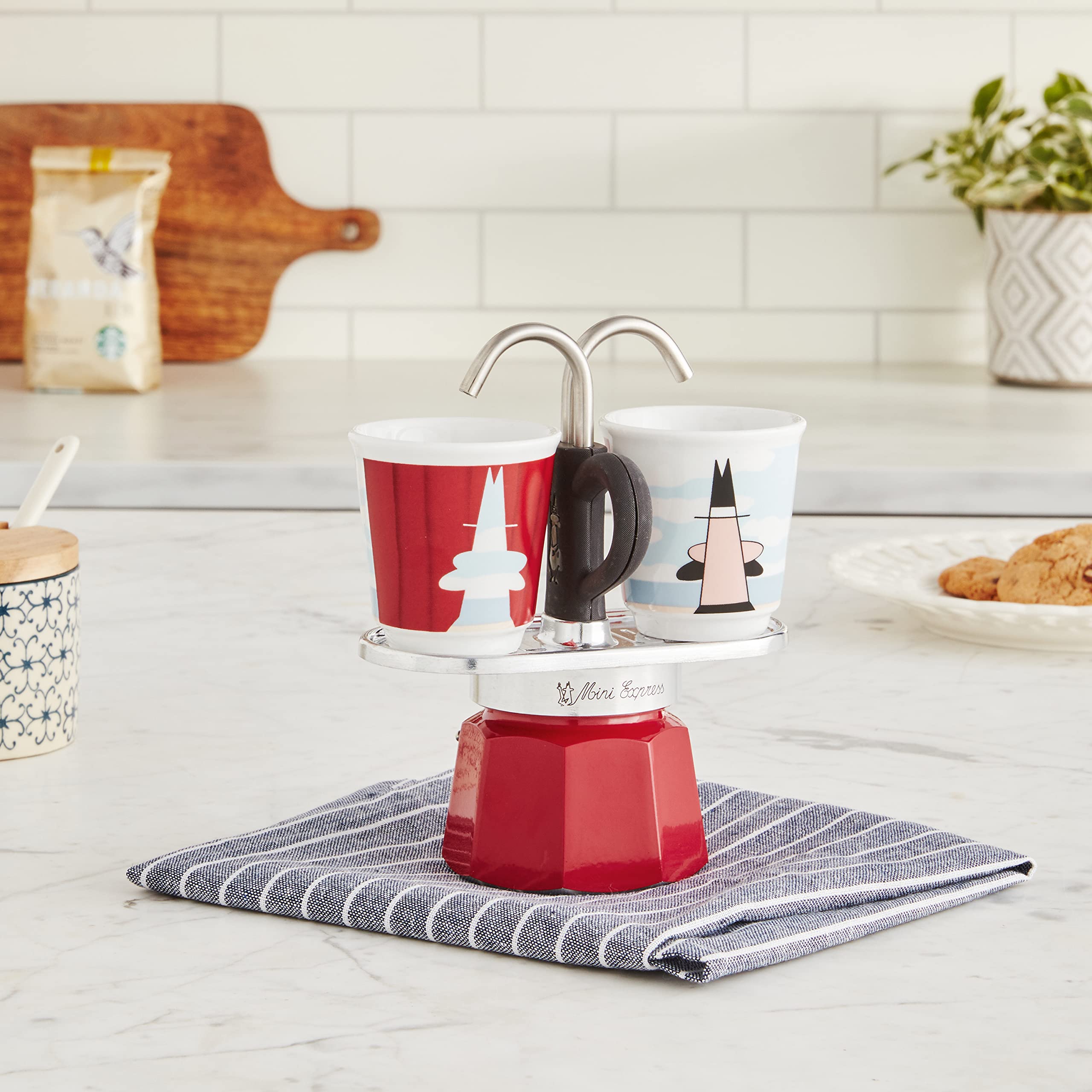 Bialetti Mini Express Magritte 2-Cup Moka Pot Coffee Maker with 2 Shot Glasses - 2.8 Oz Aluminum Stovetop Espresso Maker for Home & Office, Red - Perfect for Espresso Lovers & Small Kitchens