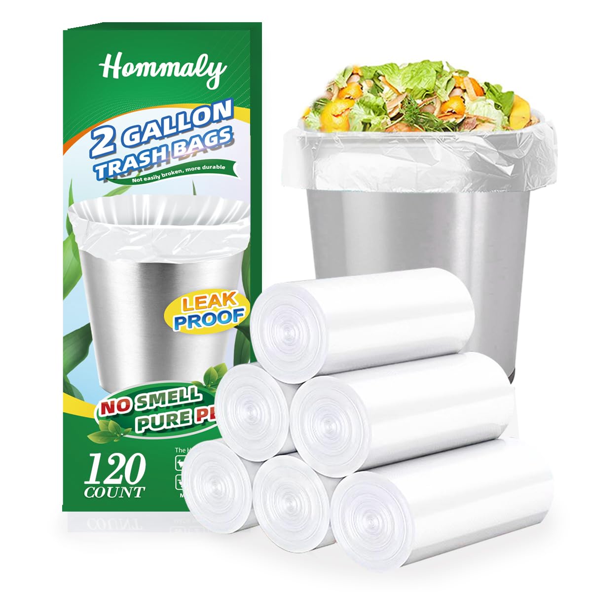 Hommaly 2 Gallon (1.8-2 Gal) 120 Count Small Clear Trash Bags - Strong 1.8 Gallon Garbage Bags for Bathroom, Office & Waste Baskets - Unscented Mini Plastic Bin Liners Fits 6-8 Liter Trash Cans - Perfect for Home, Kitchen, Bathroom & Office Waste Disposal