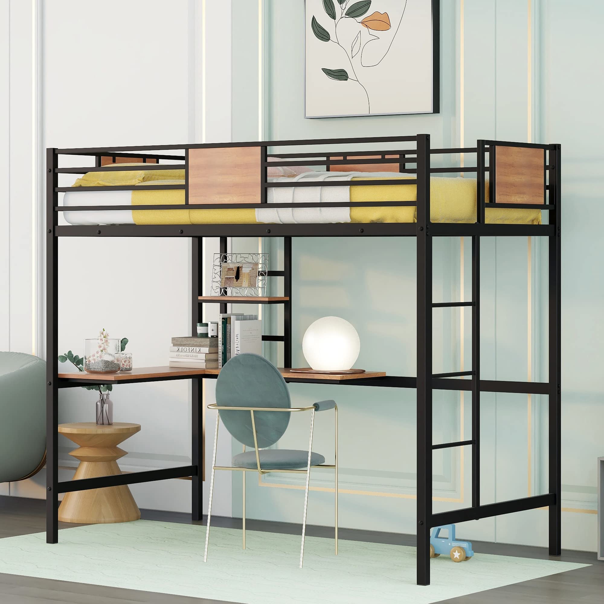 P PURLOVE Twin Loft Bed with Desk & Shelves - Sturdy Metal Frame, No Box Spring Required - Space-Saving Black Loft Bed for Kids & Teens - Perfect for Small Bedrooms, Dorms & Studio Apartments