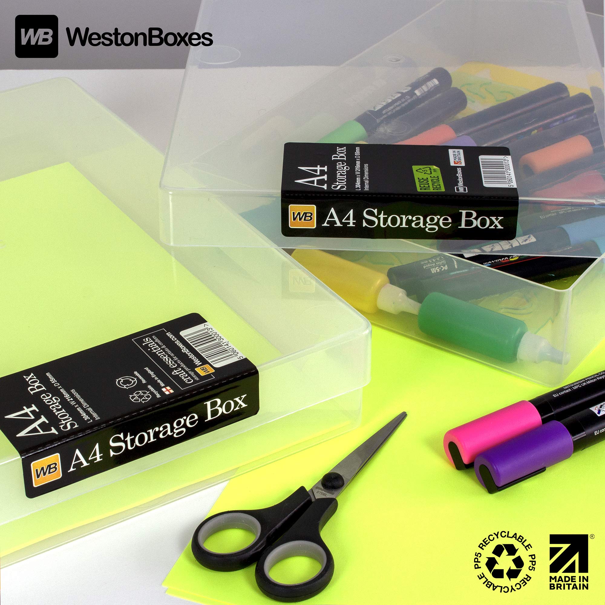 WestonBoxes A4 Opaque White Craft Storage Boxes with Lids - 3.6L Impact Resistant Organizer for Art Supplies, Paper, Cards | Pack of 5 | Perfect for Artists, Scrapbooking & Office Organization