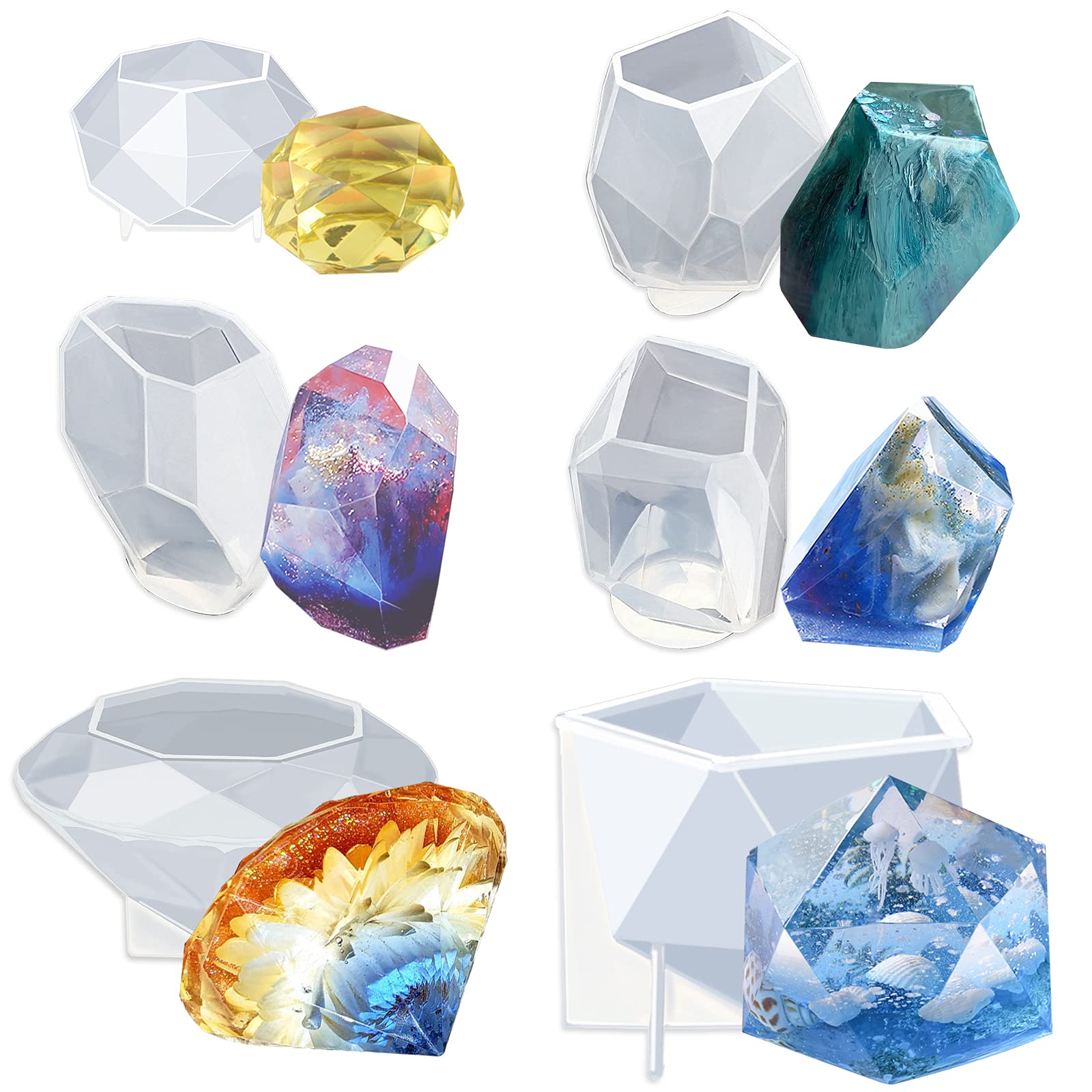Premium 6-Pack Large Multi-Faceted Gemstone Resin Epoxy Molds for Jewelry Making, Soap Crafting, Ice Cubes, Isomalt Baking & Cabochon Candle DIY Projects - Perfect for Home Decor, Wedding Favors & Gift Making