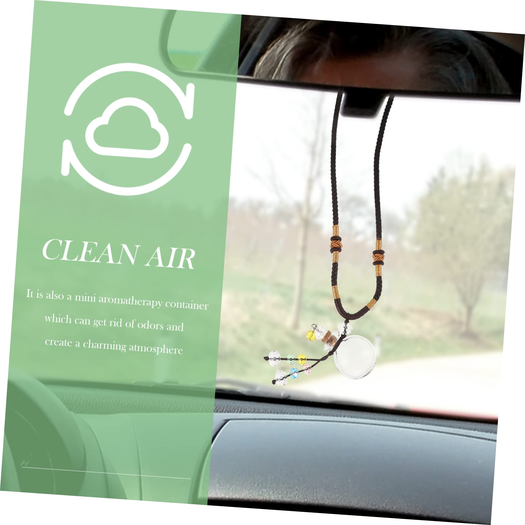 Minkissy 8-Piece Glass Car Decor Set - Fetal Hair Pendant, Terrarium Tank, Braided Rope Container, Sun Protection Glass Ornaments for Aromatic Display & Perfume Necklace - Perfect for Home, Office, and Car Interior Decoration