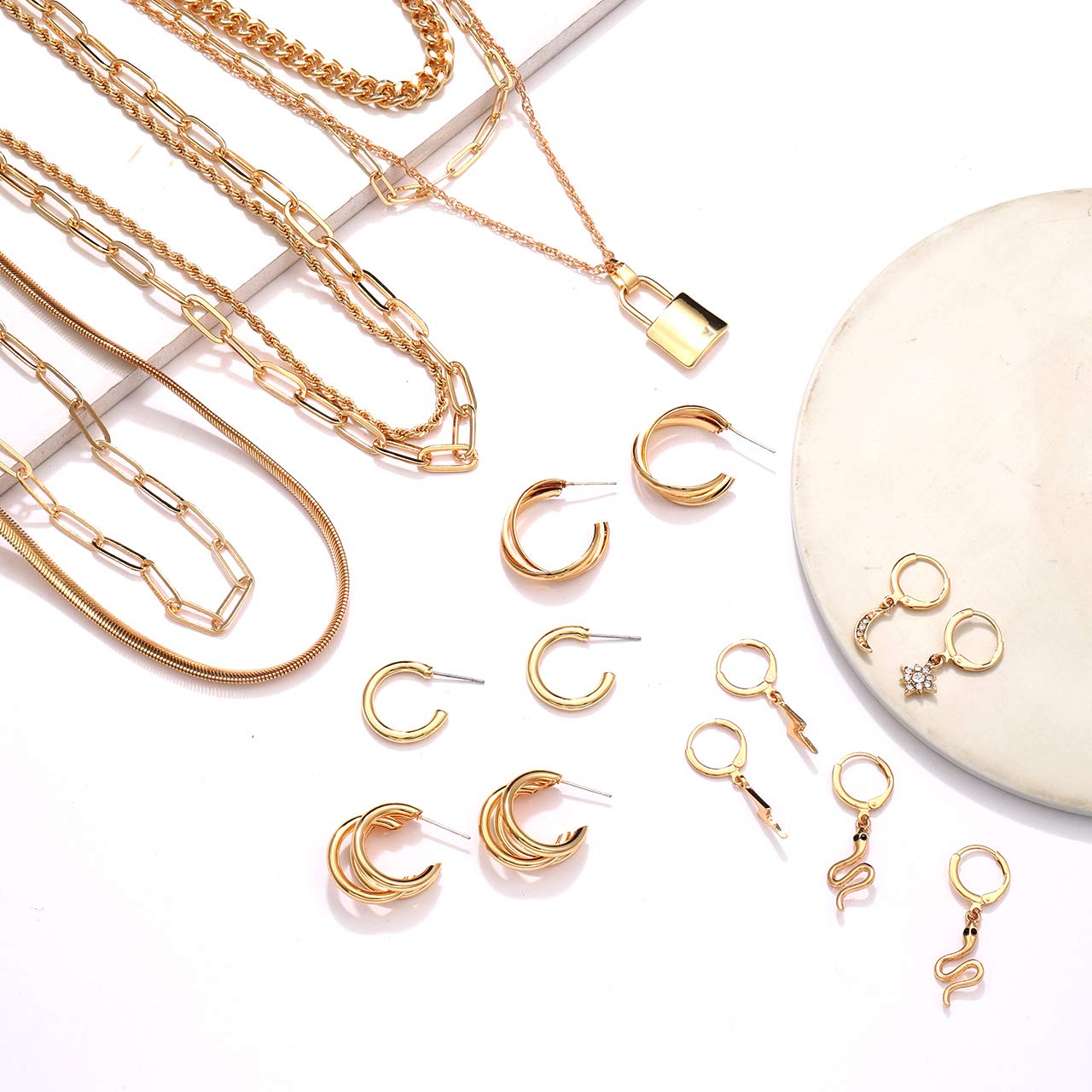 NVENF Women's Gold Chain Necklace & Earrings Set - Statement Snake Paperclip Link Choker & Twist Hoop Jewelry Gift for Birthday, Party, Wedding, Anniversary (Best Friend Gift Idea)