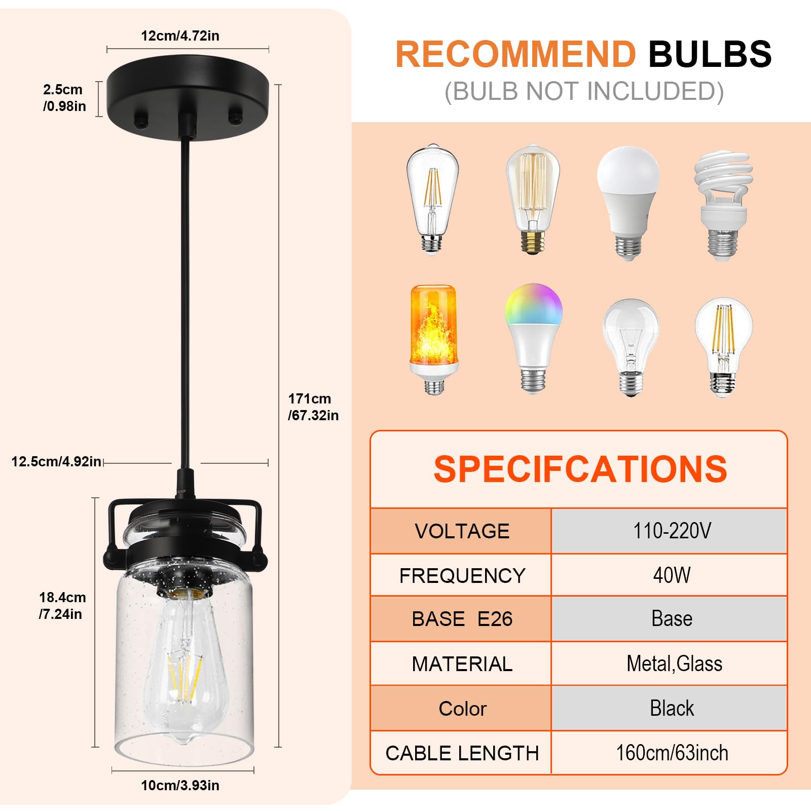 3 Pack Black Adjustable Farmhouse Pendant Lights with Seeded Glass Shade - Industrial Hanging Ceiling Light Fixtures for Kitchen Island, Dining Room, Bar & Living Room Decor