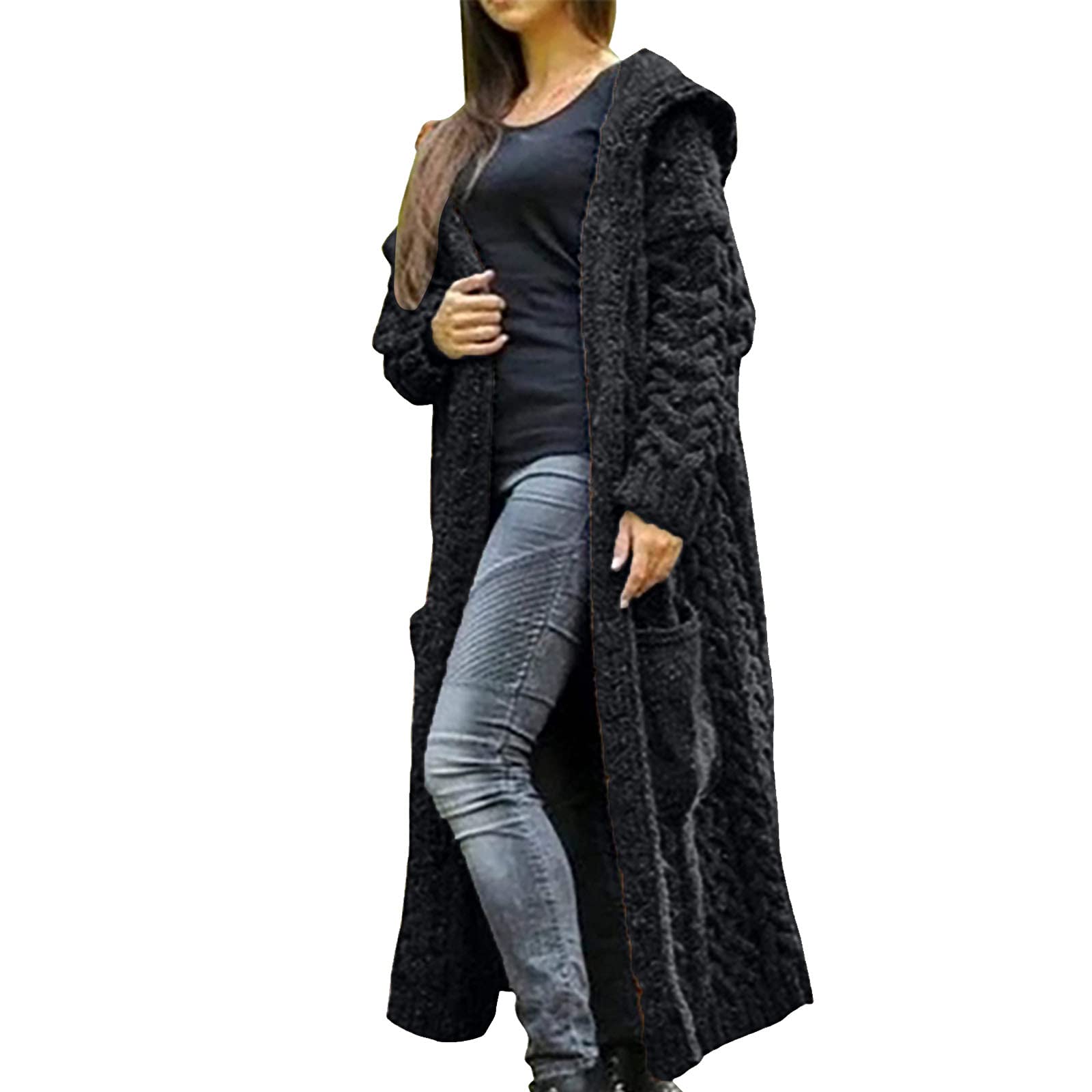 JEGULV Women's Hooded Chunky Knit Cardigan Sweater - Open Front Long Outwear Solid Color Overcoat | Cozy Winter Wear for Casual Outings & Layering