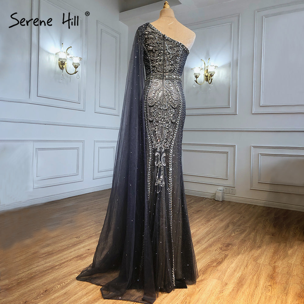 Elegant Grey Mermaid Evening Gown with Cape Sleeves & Beaded Details - One Shoulder Formal Dress for Women - Perfect for Prom, Gala & Black Tie Events - LA71270