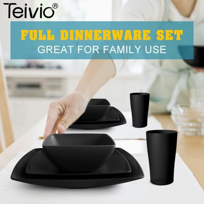 Teivio 32-Piece Unbreakable Plastic Wheat Straw Dinnerware Set for 8 - Square Dinner Plates, Salad Plates, Snack Bowls & Tumblers | Dishwasher Safe, Eco-Friendly Black Tableware | Perfect for Parties, Picnics & Everyday Dining