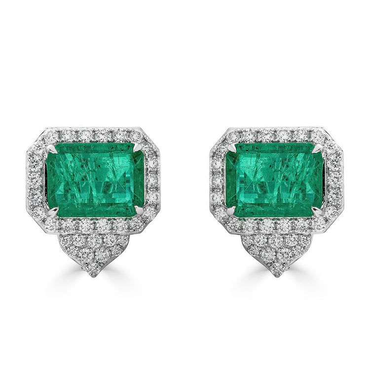 18K White Gold Emerald and Diamond Stud Earrings for Women – Elegant Jewelry Gift for Wedding, Anniversary & Special Occasions