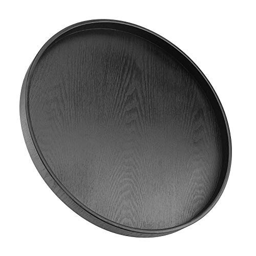 Solid Wood Round Serving Tray for Tea, Coffee, Snacks & Meals - Black Wooden Party Bar Breakfast Tray for Home, Office & Outdoor Entertaining
